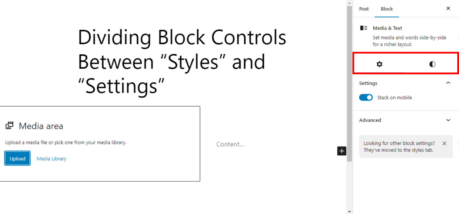 Dividing Block Controls Between “Styles” and “Settings” 