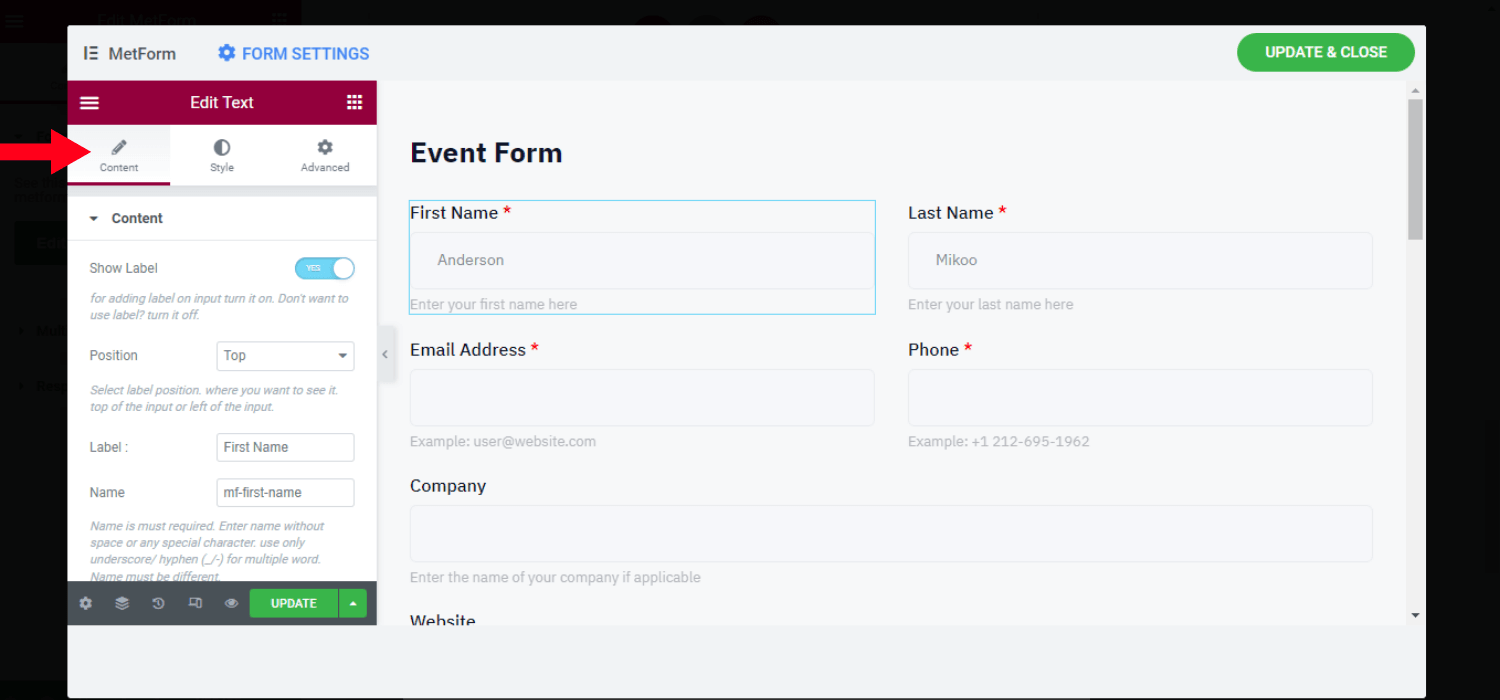 Event form Content Customization