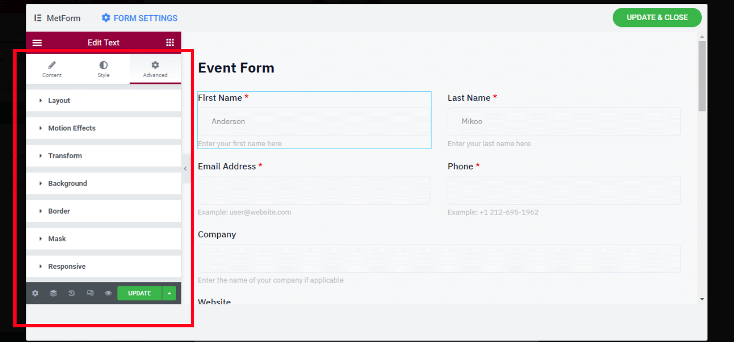 Event form advanced Customization