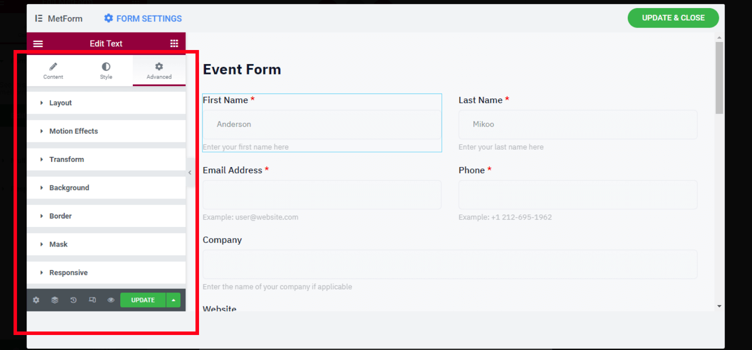 Personalização avançada do formulário de evento