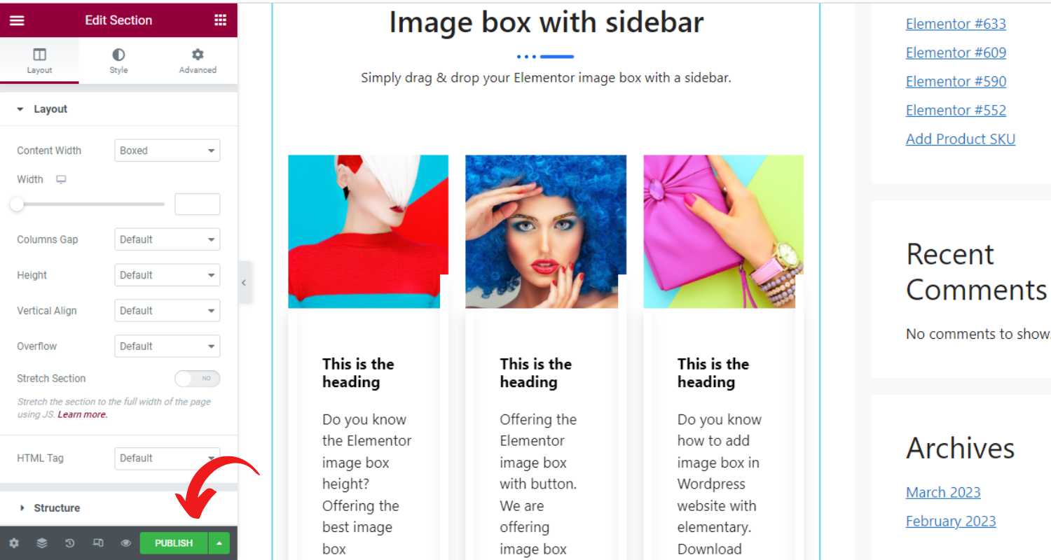 Publish the image box in WordPress site