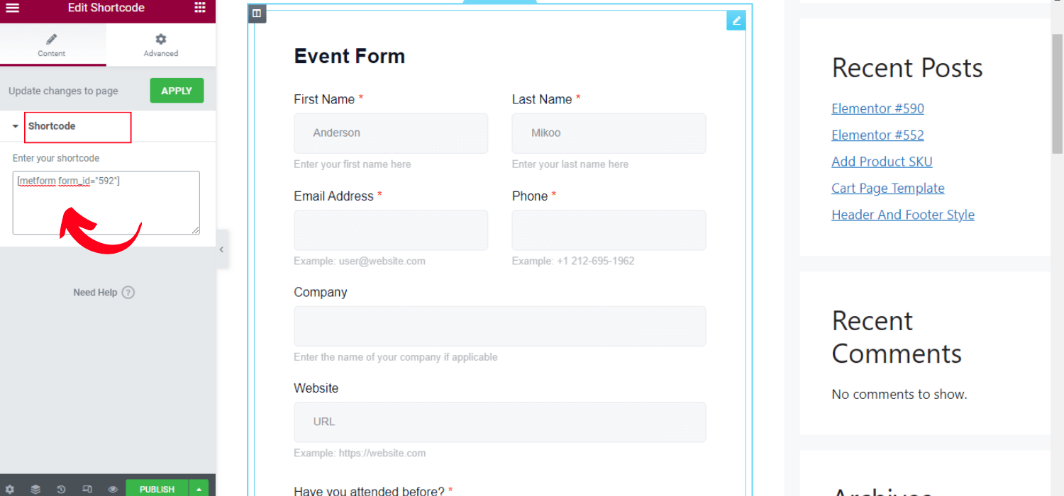 Insert event form using shortcode widget