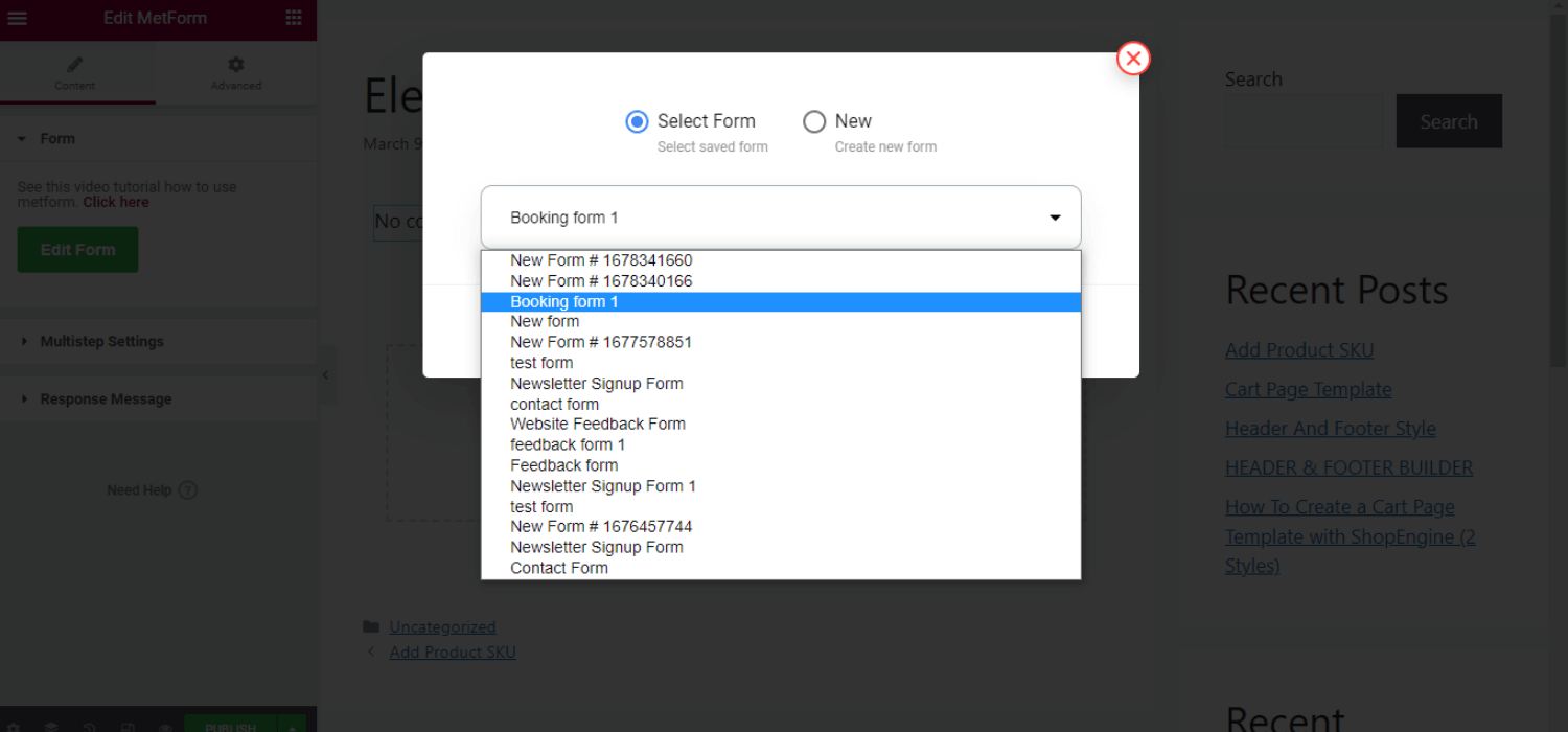 Insert the Booking form with Elementor