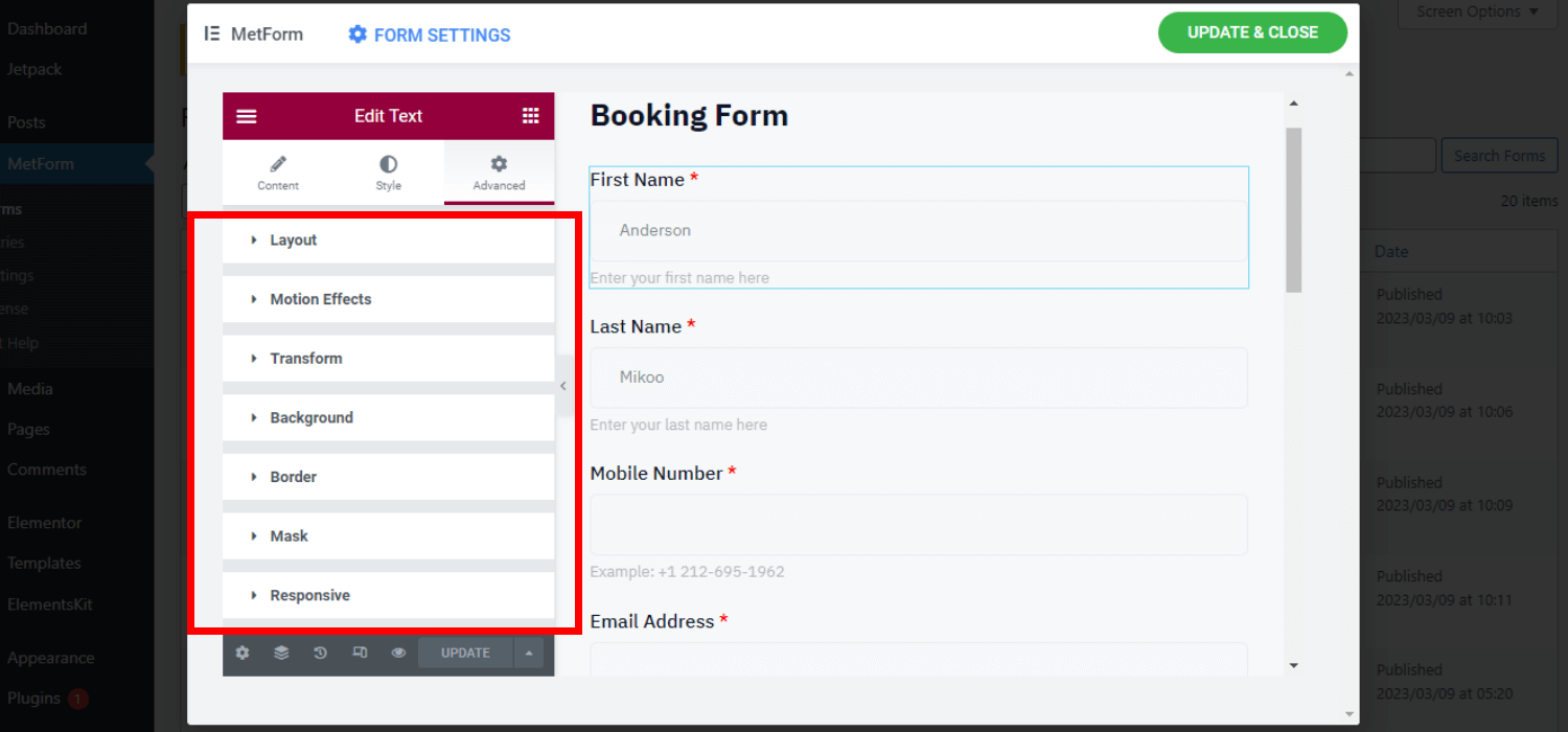 booking form Advanced Customization 