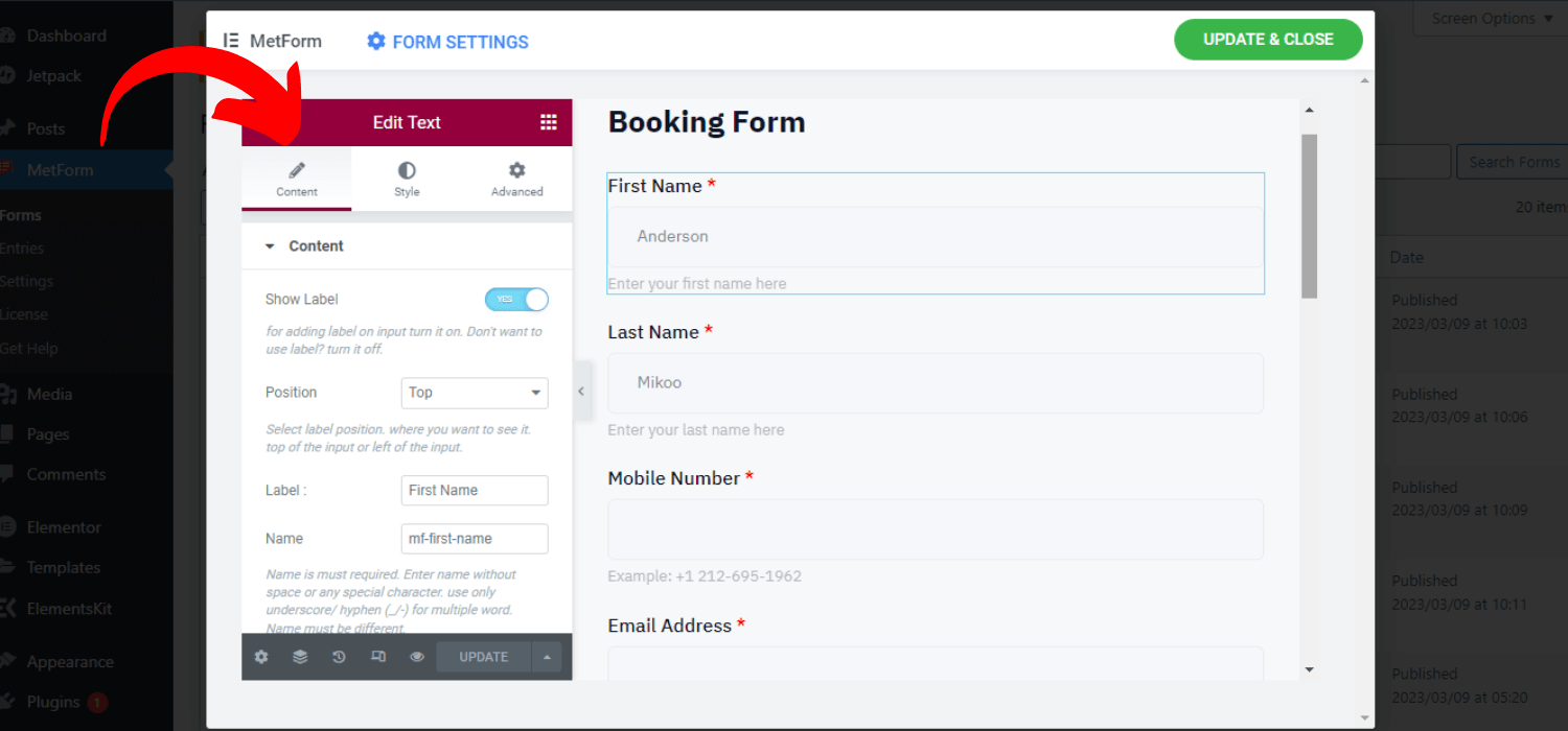 booking form Content Customization 