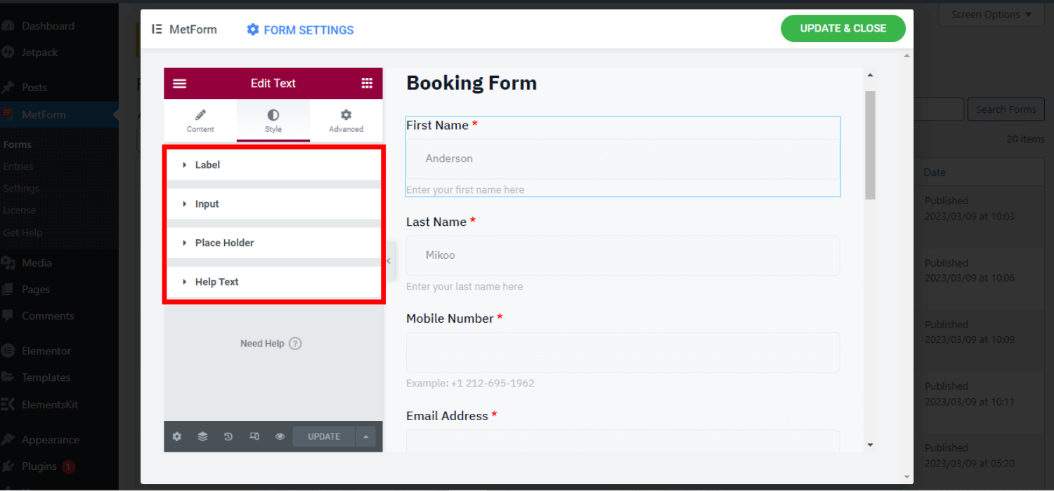 booking form style Customization 
