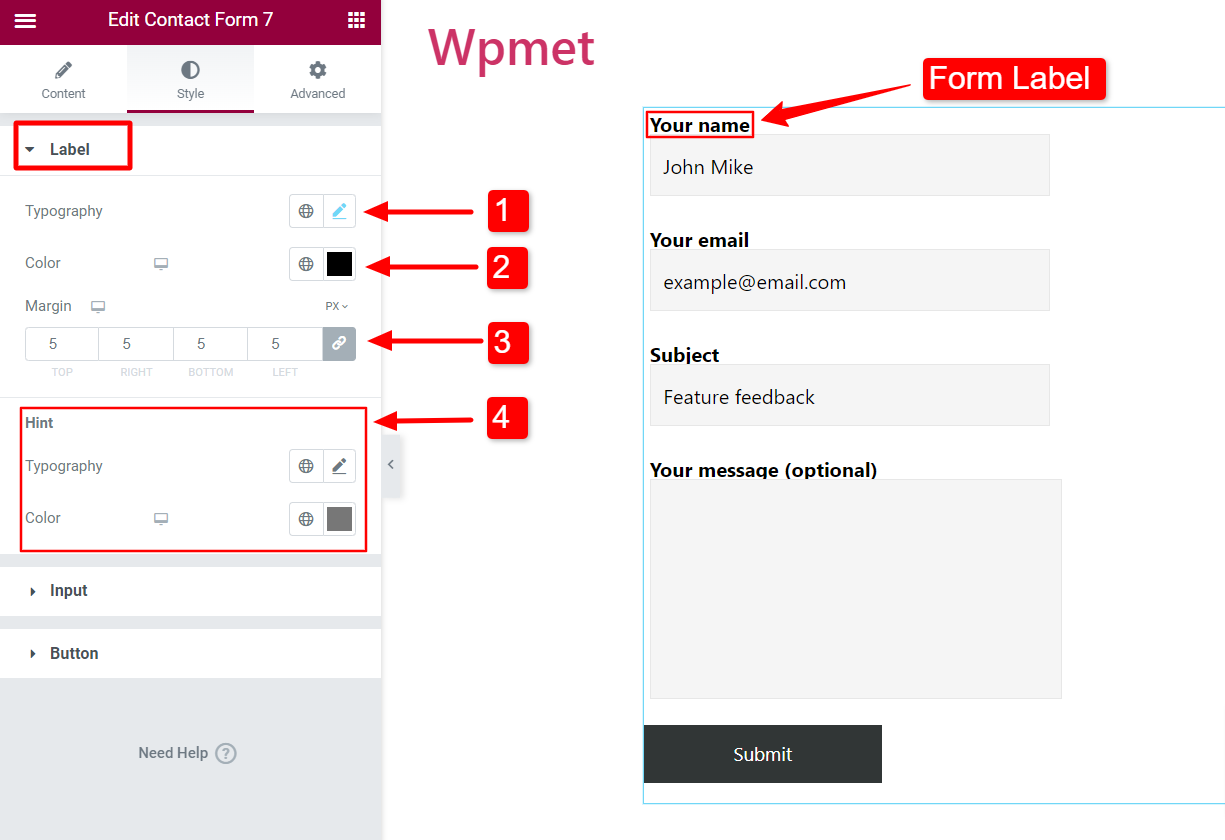 Customize form label styles in ElementsKit Contact Form 7