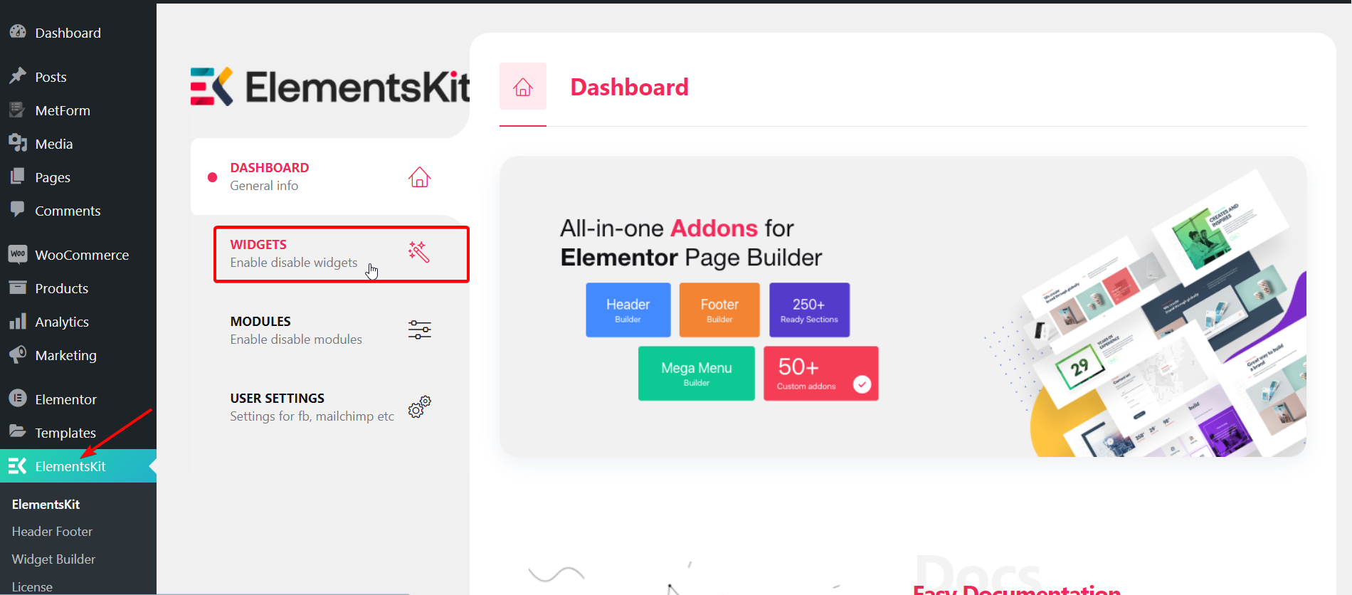 Navigate to ElementsKit and select Widgets- Add Pinterest feed