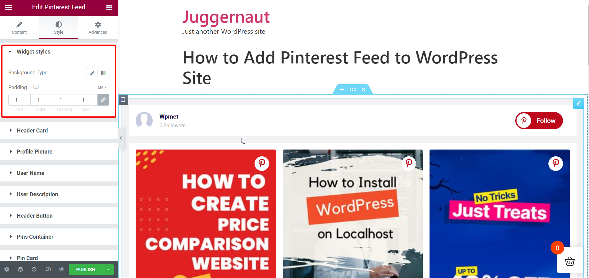 Pinterest widget style- Add Pinterest feed