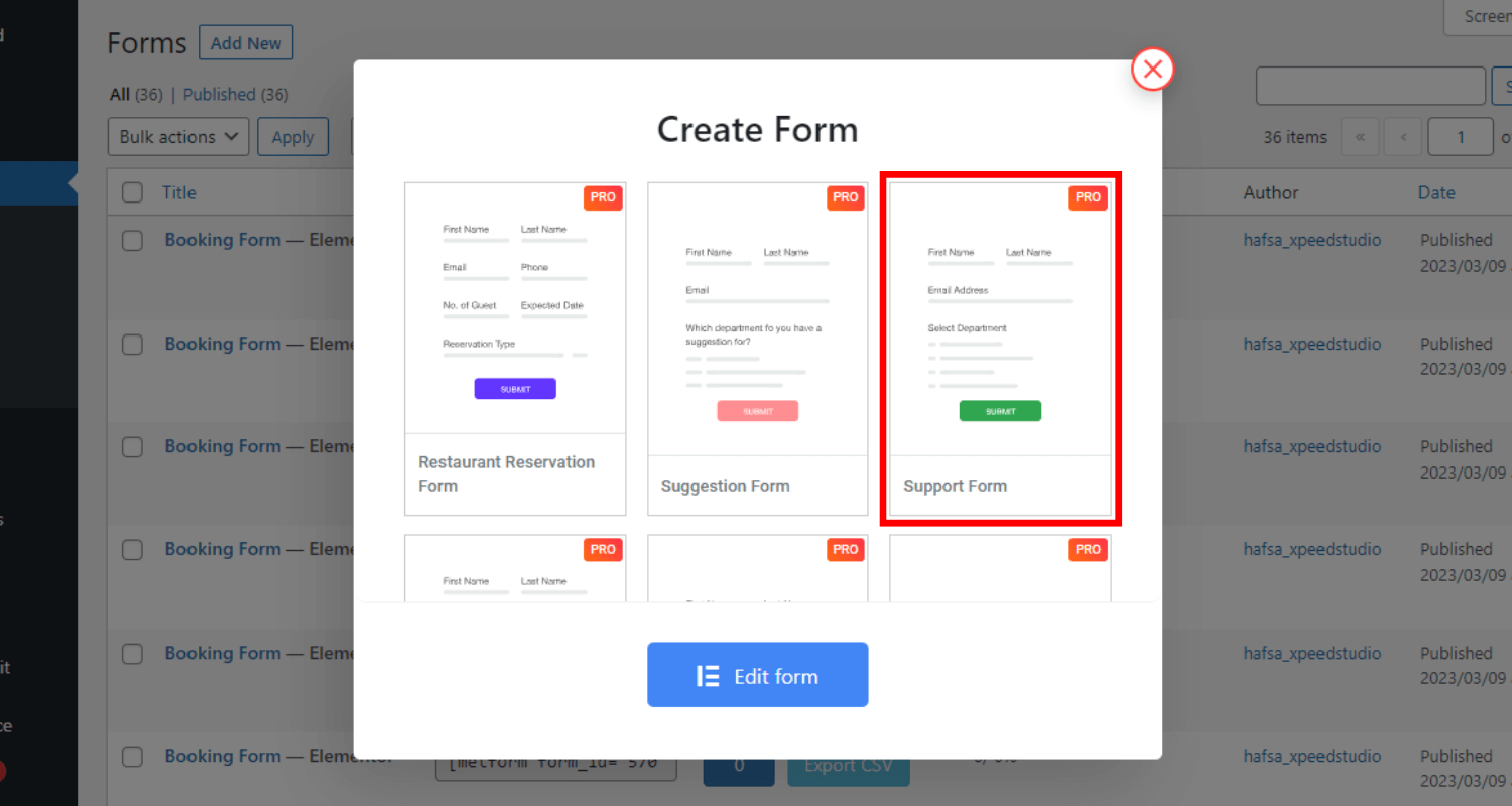 Select the support form