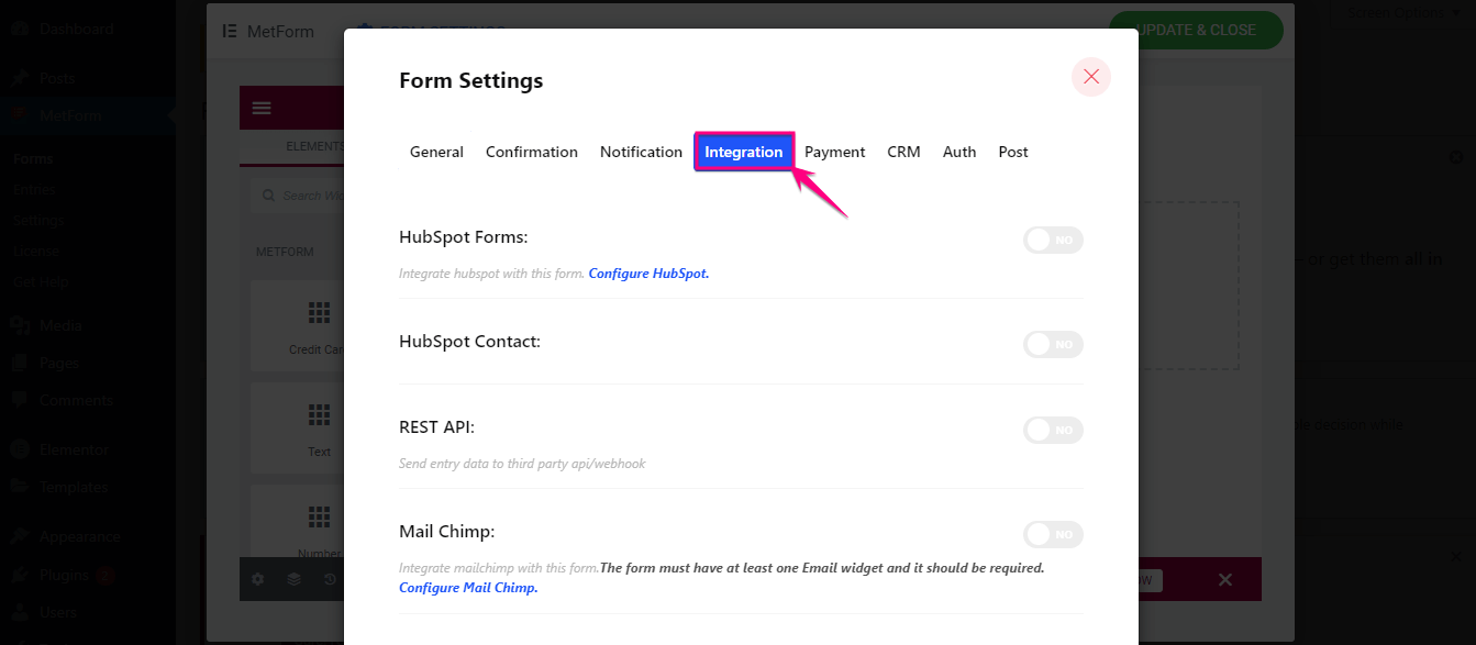 Enable ActiveCampaign integration from MetForm form settings