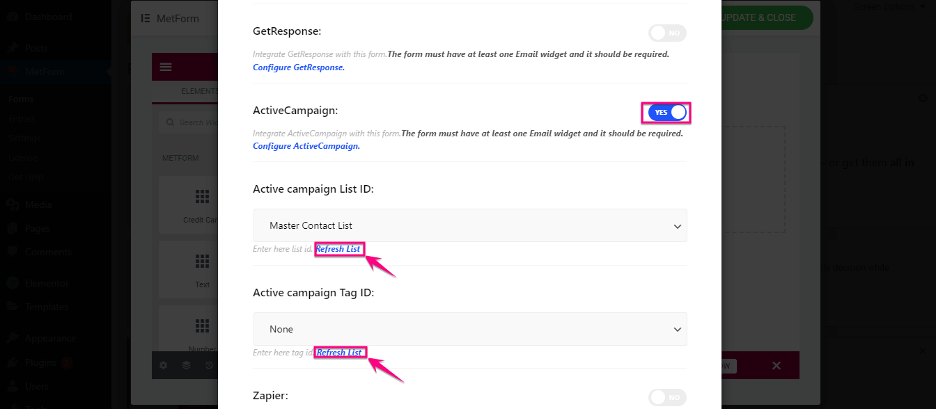 Configuration for setting ActiveCampaign WordPress form