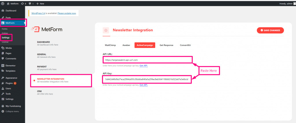 Add API key and URL for ActiveCampaign WordPress integration