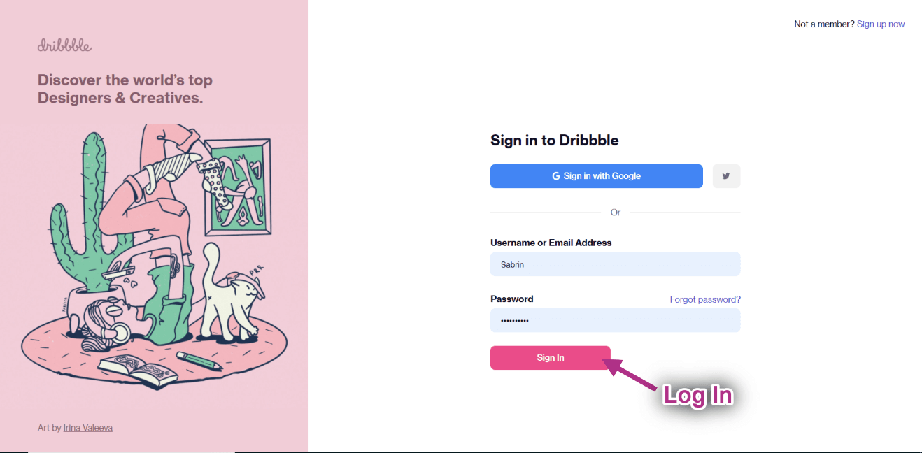 Dribbble アカウントの資格情報を入力し、「サインイン」をクリックします - Dribbble フィードを表示する方法