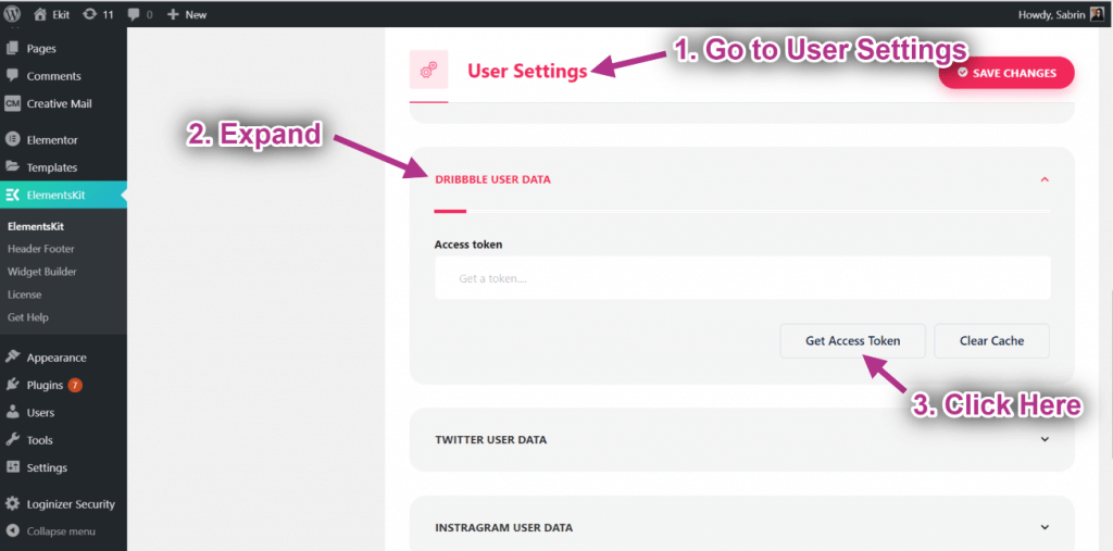 Go to User Settings. Click on the Dribbble User Data to Expand.Now Click on Get Access Token- How To Show Dribbble Feed