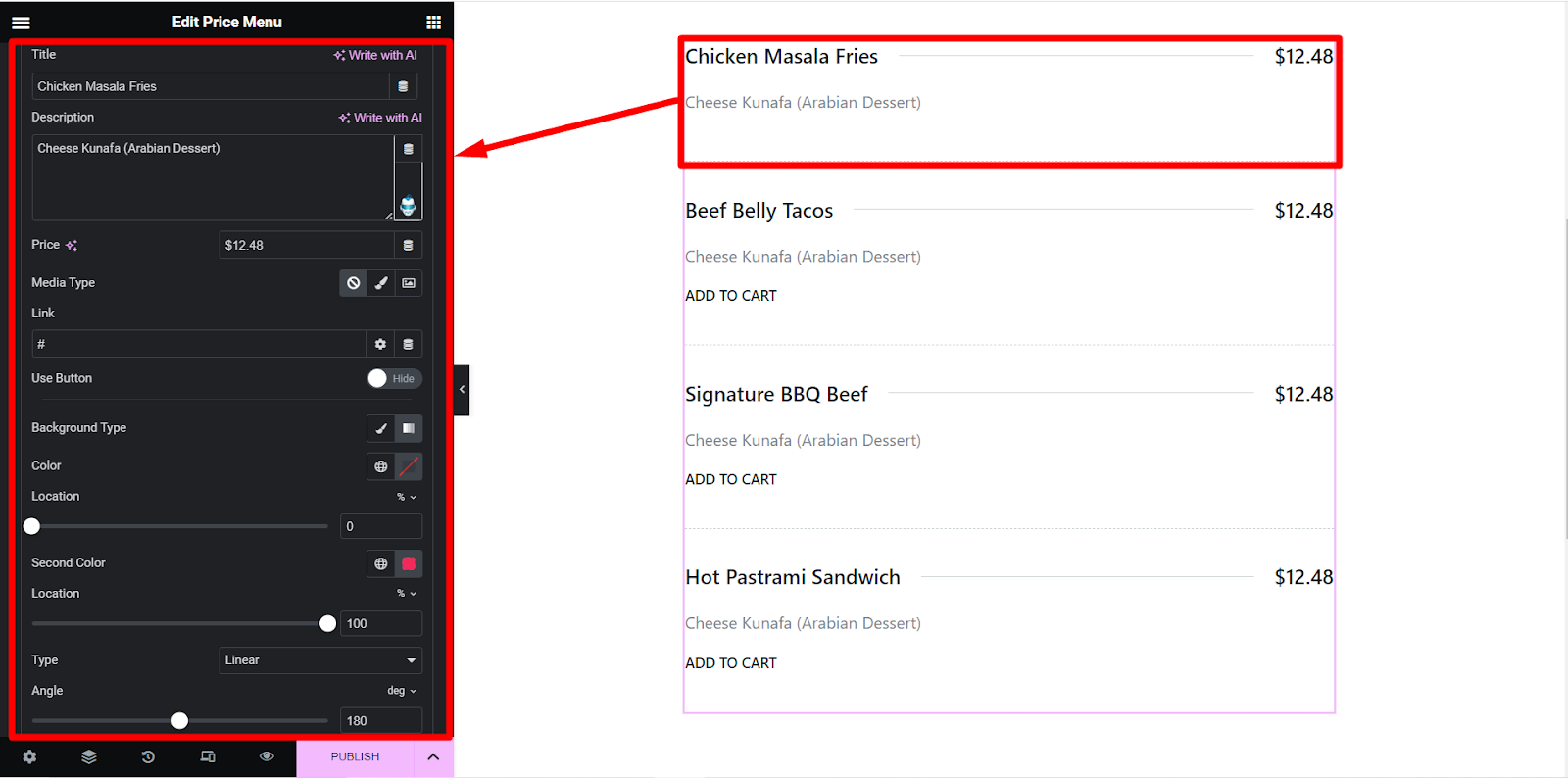 El widget de menú de precios de ElementsKit le da a su lista de precios una apariencia elegante.