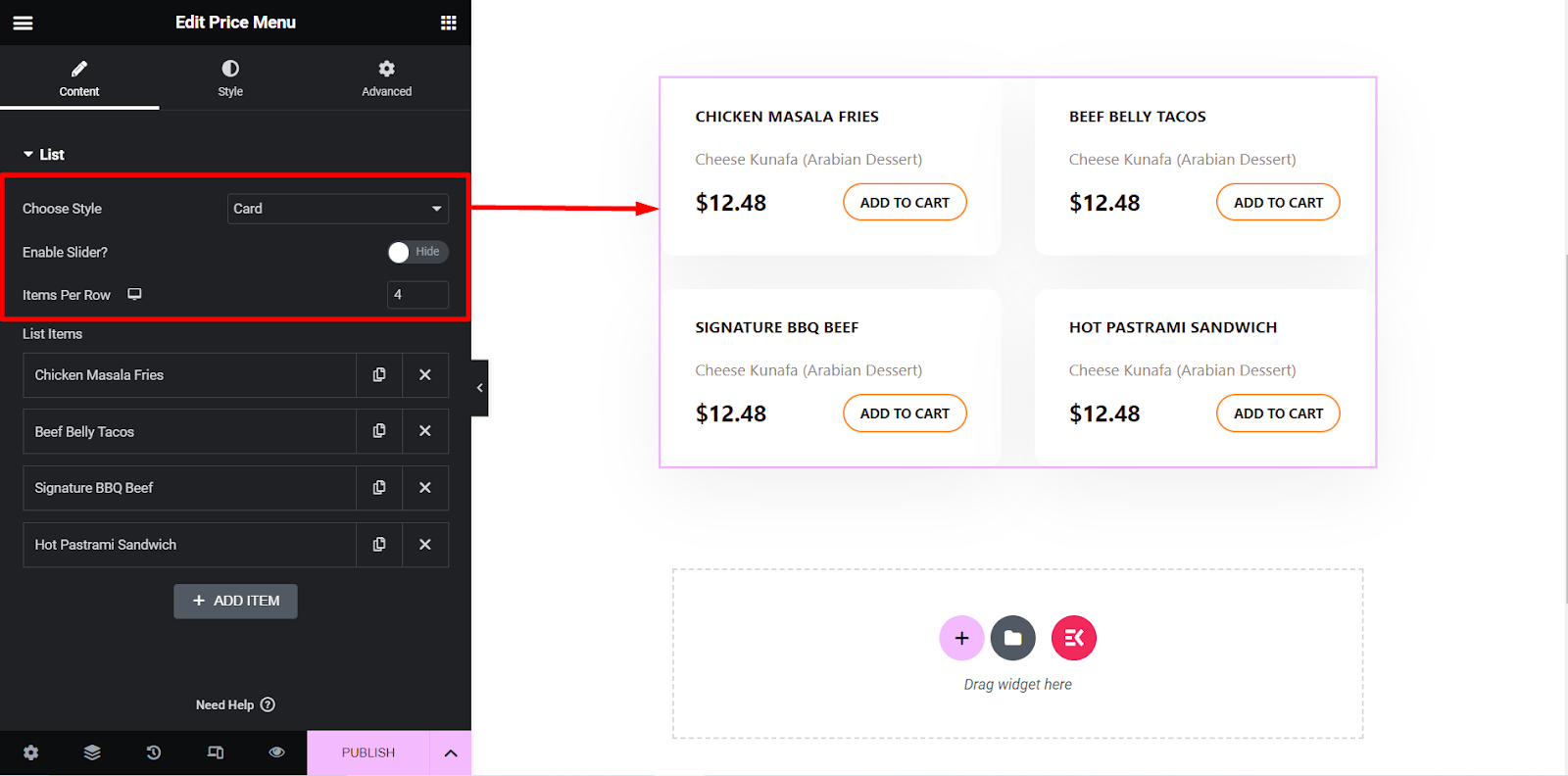 El widget del menú de precios de ElementsKit consta de muchas opciones de personalización.