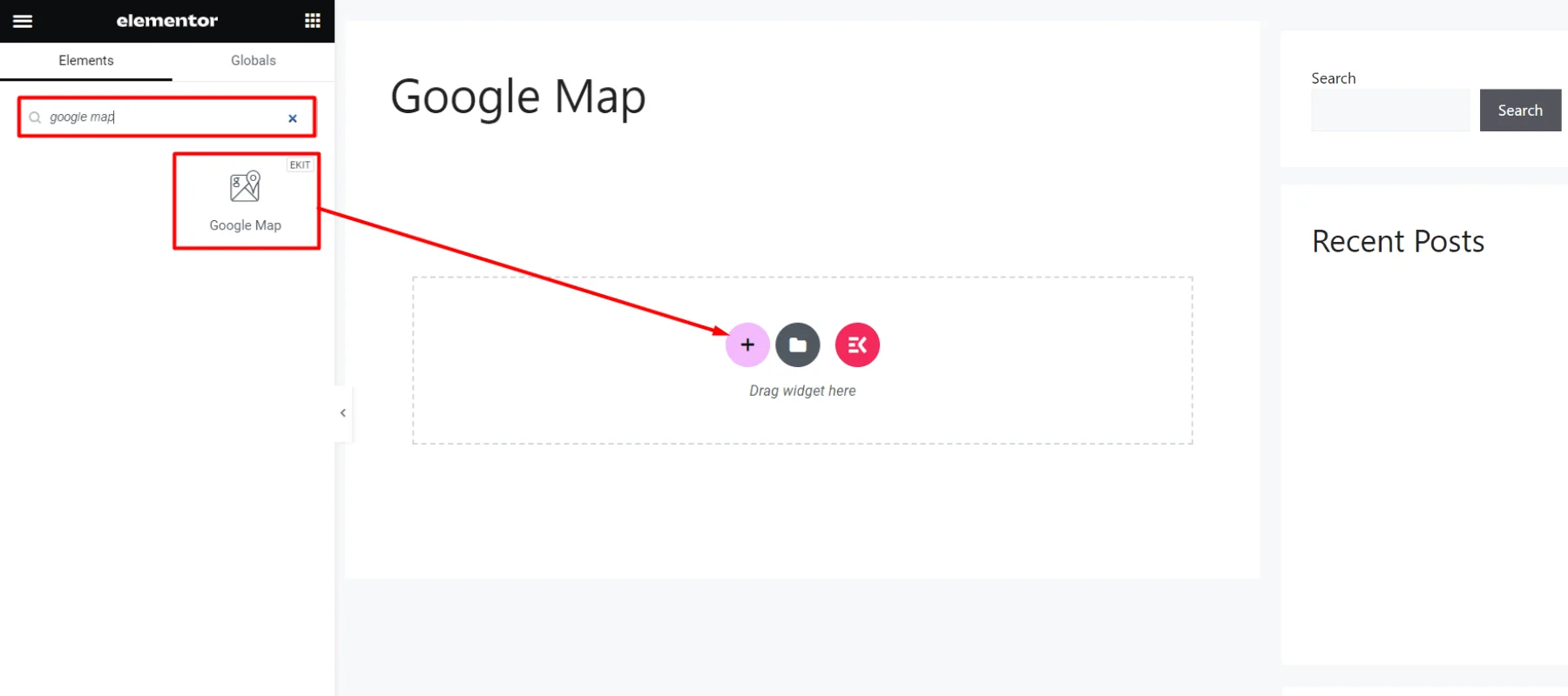 Ziehen Sie das Google Map-Widget per Drag-and-Drop in den PagePost