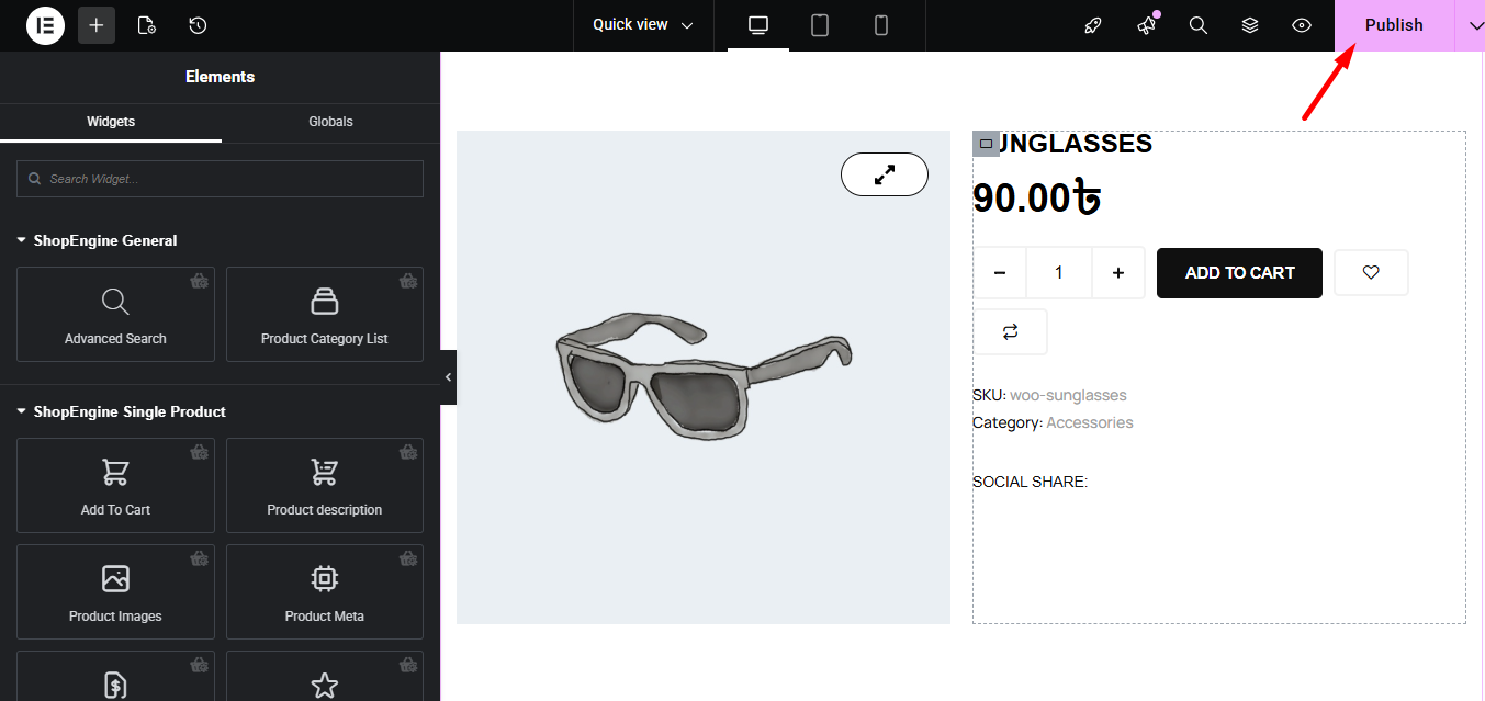 Now publish the quick view template