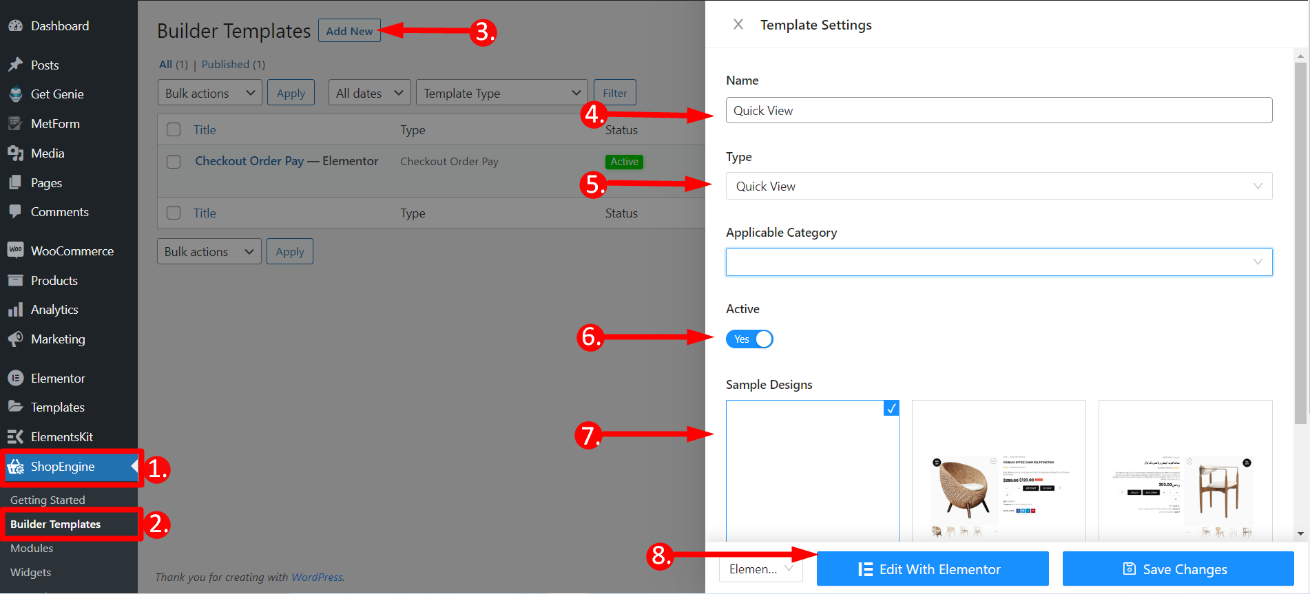 Setting ShopEngine quick view template