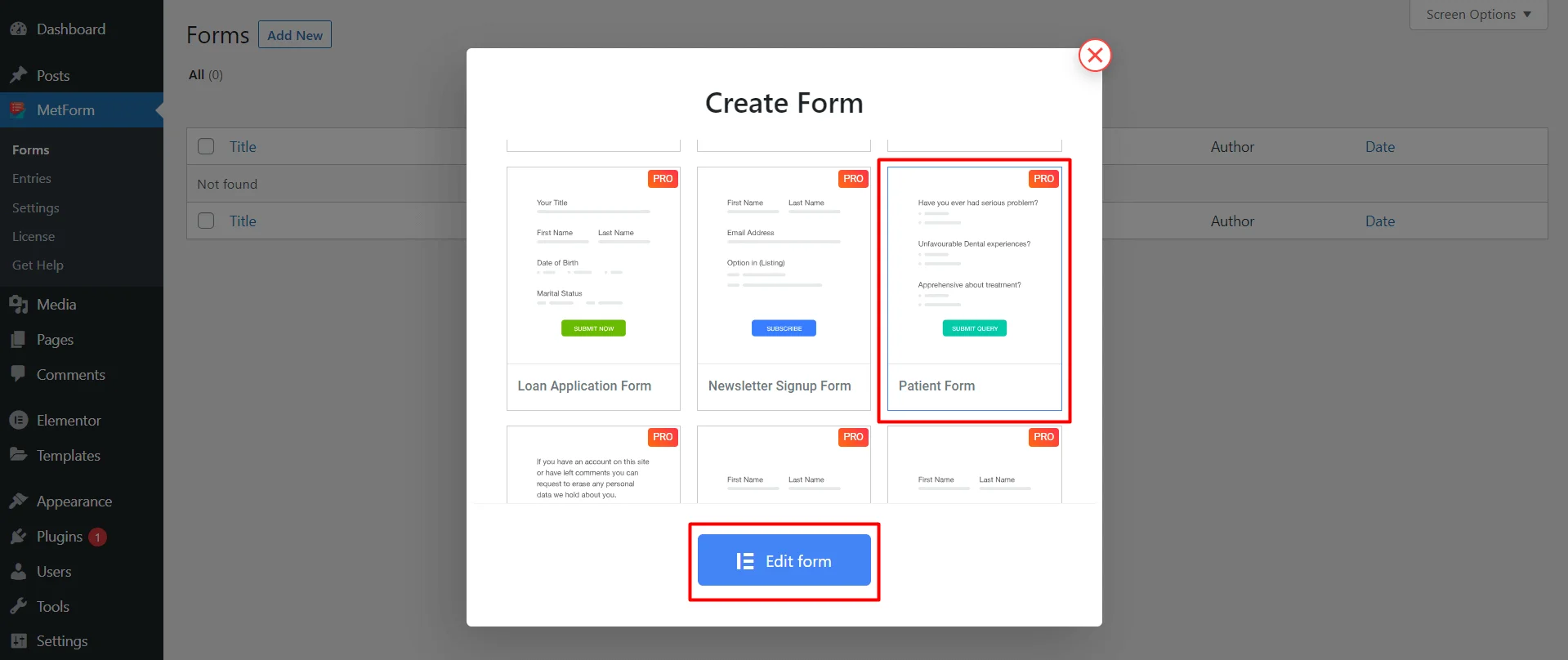 Select the “Patient Form” template
