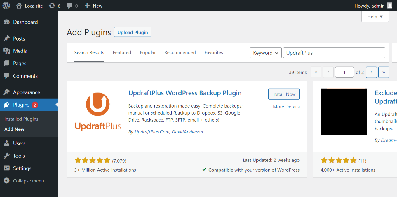 Installer WordPress backup plugin