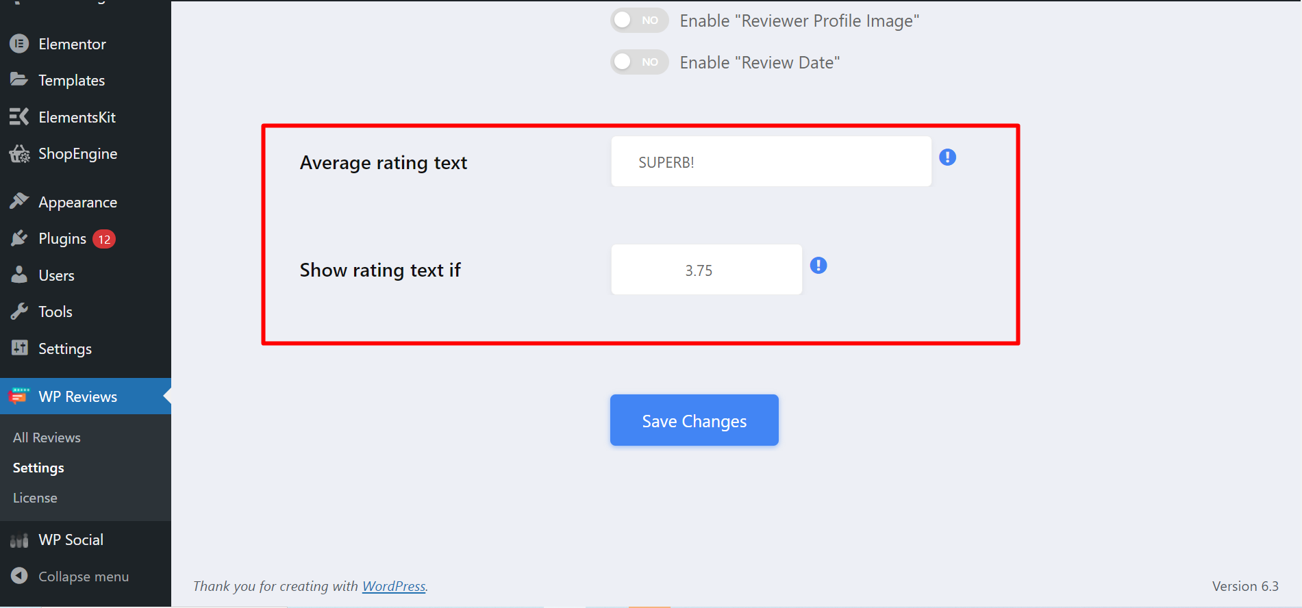 Average rating text setting and setting condition for showing rating text