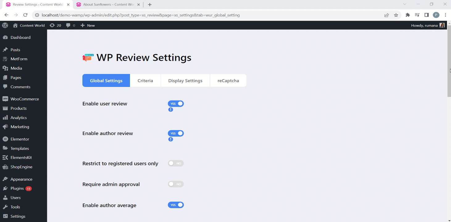 Ultimate review global settings
