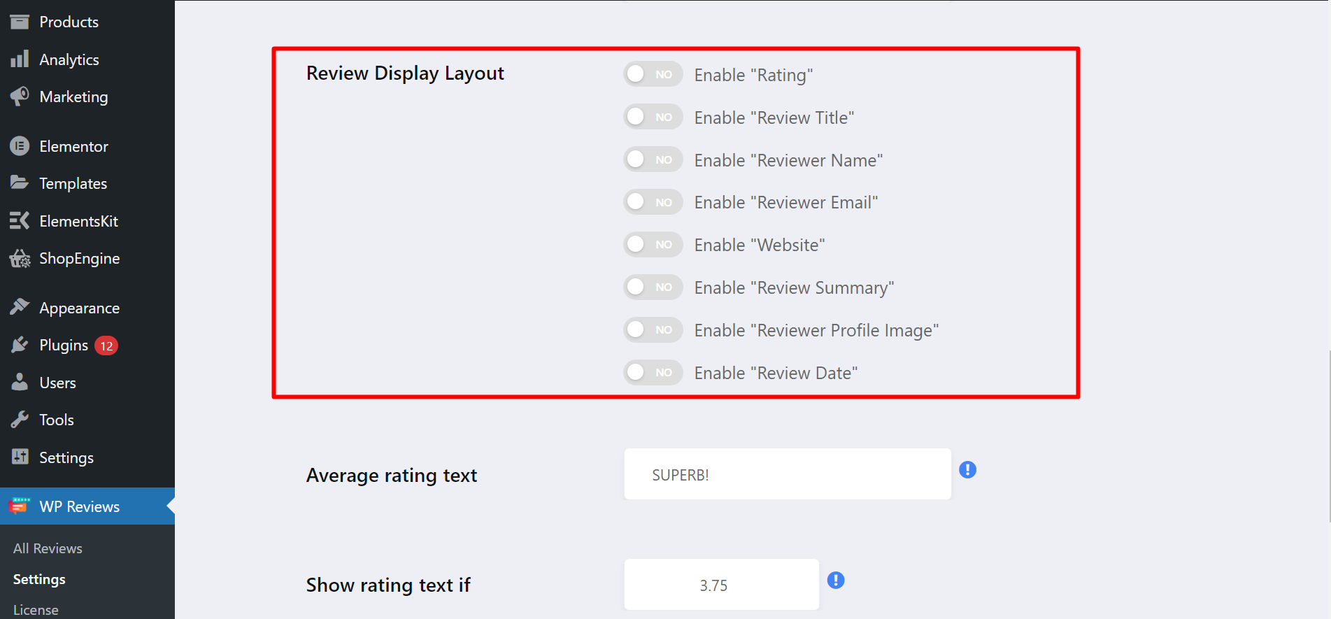 Review display layout settings
