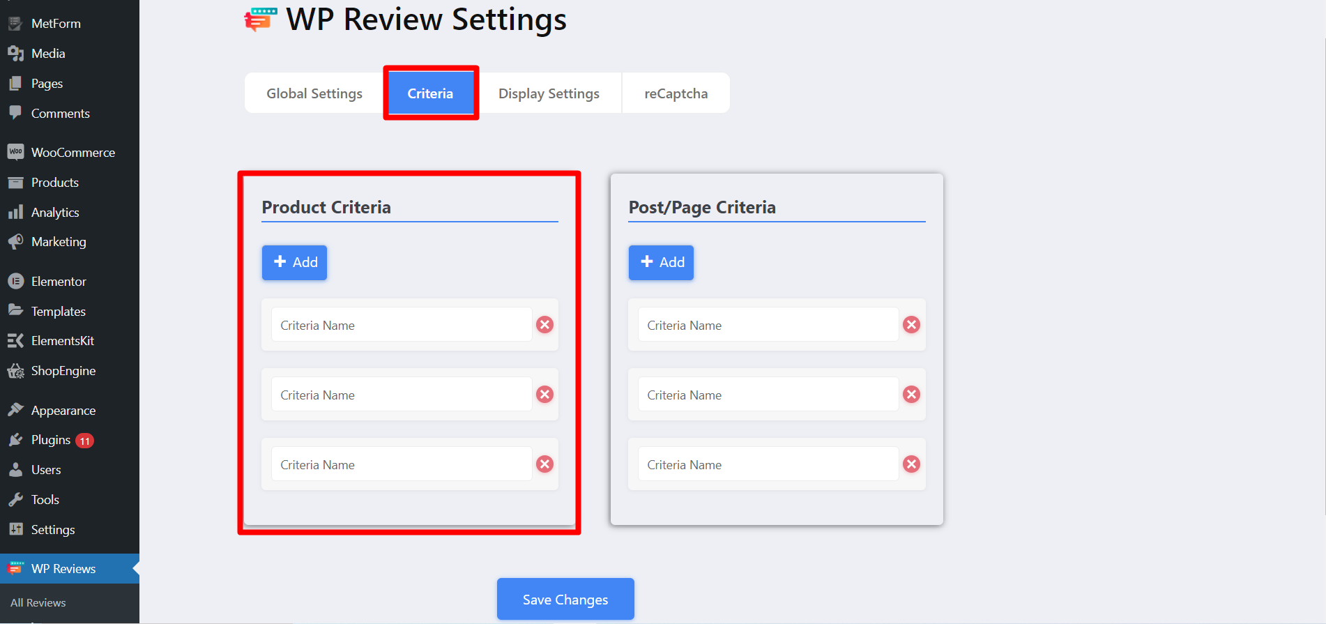 ultimate review product criteria settings
