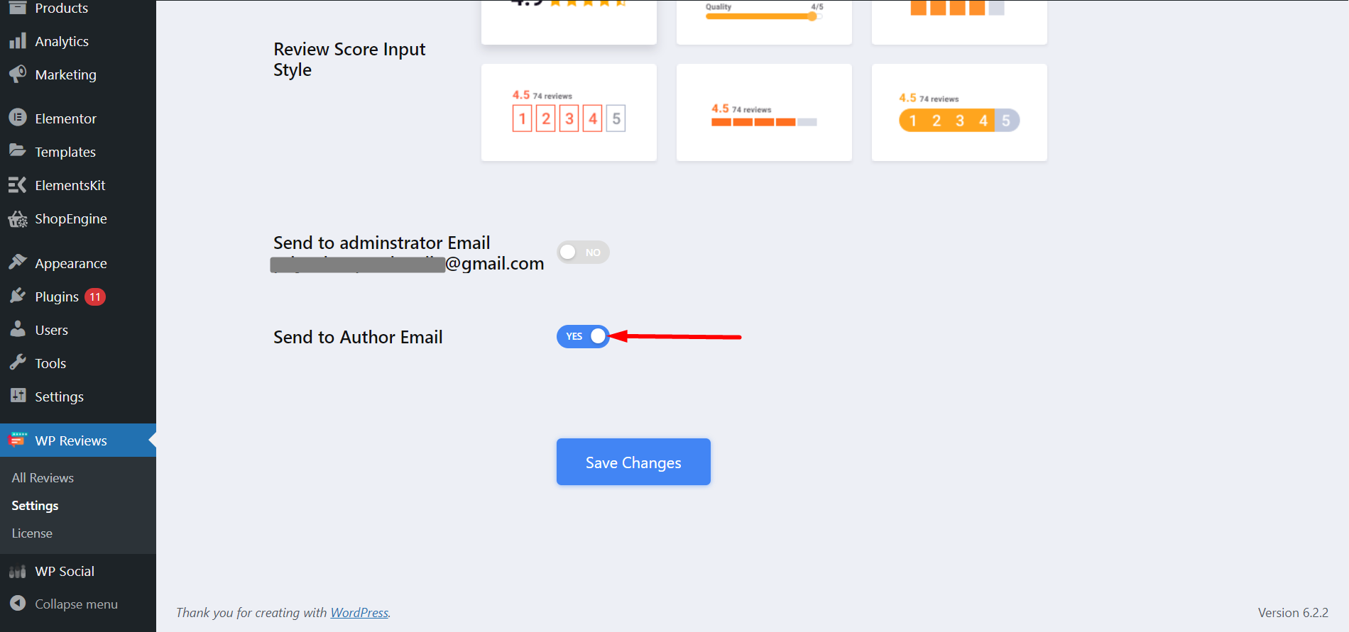 ultimate review global settings- enabling author email