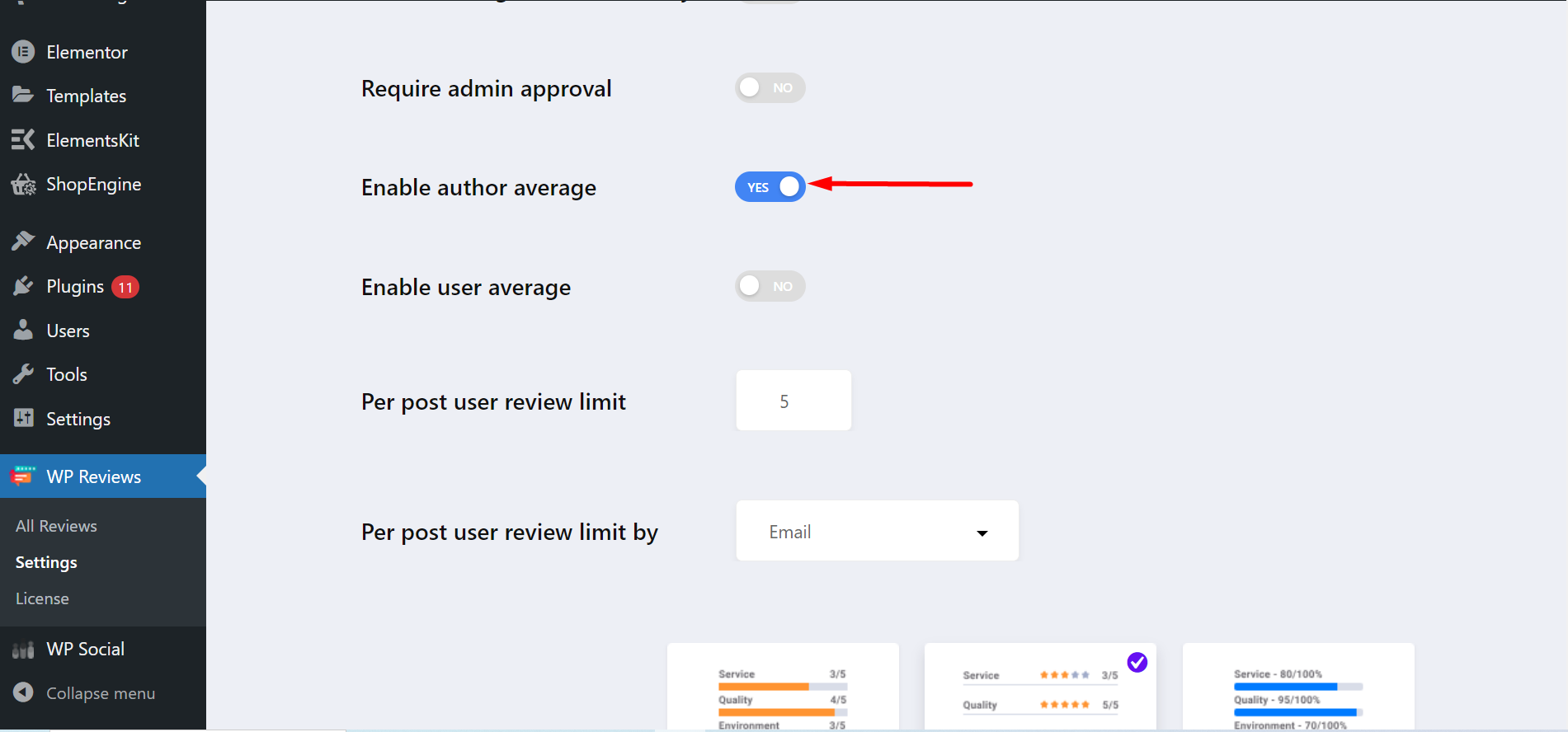 ultimate review global settings- enabling author average