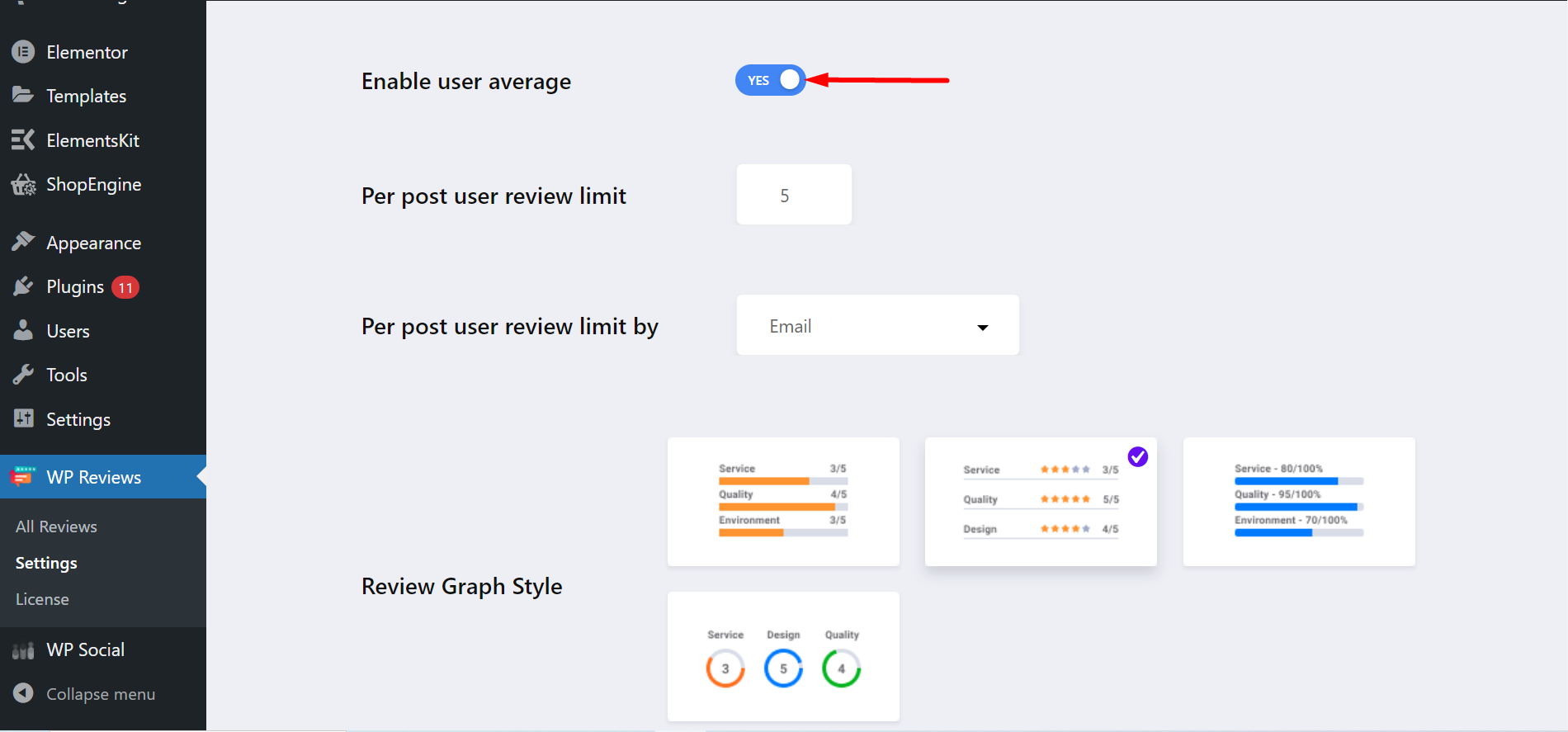 ultimate review global settings- enabling user average