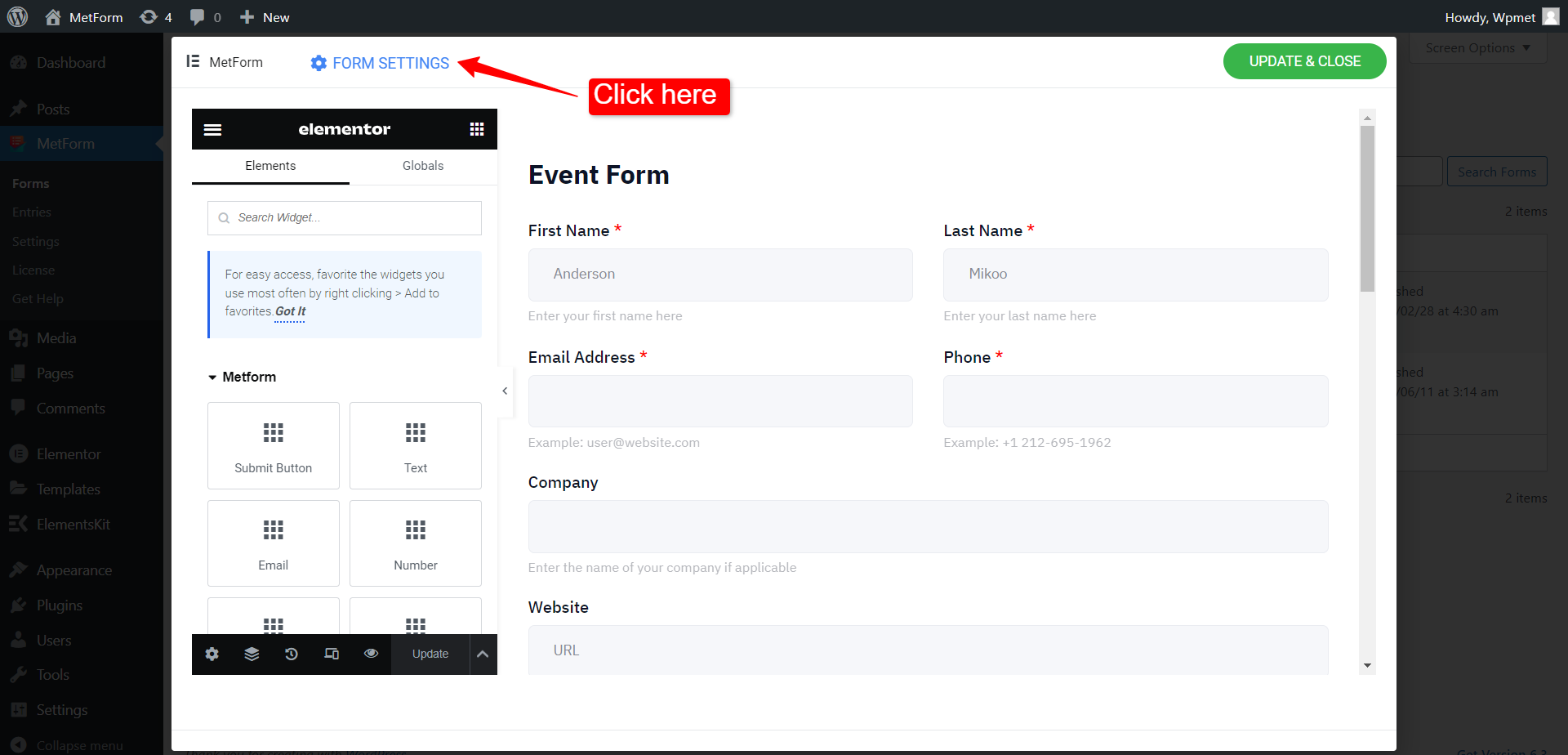 Abra la configuración de MetForm para limitar las entradas de formularios en WordPress