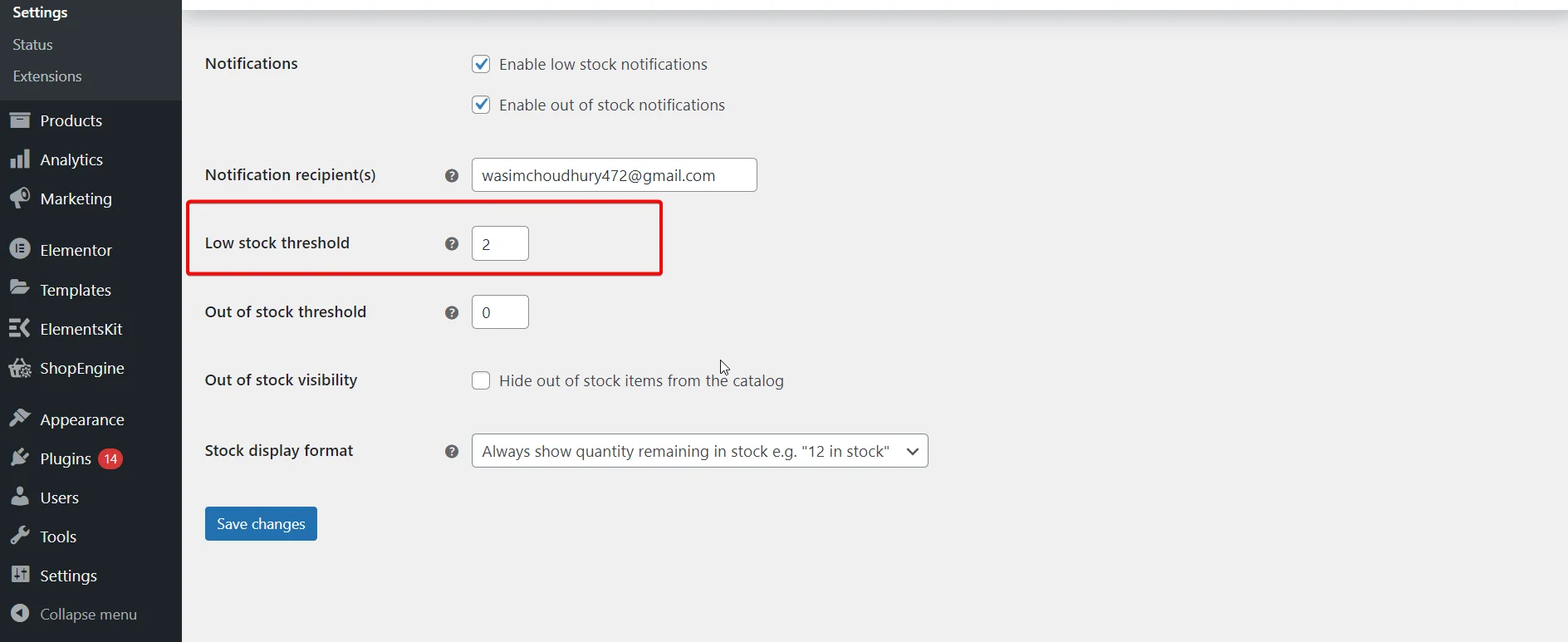 Set Low stock threshold for WooCommerce stock management