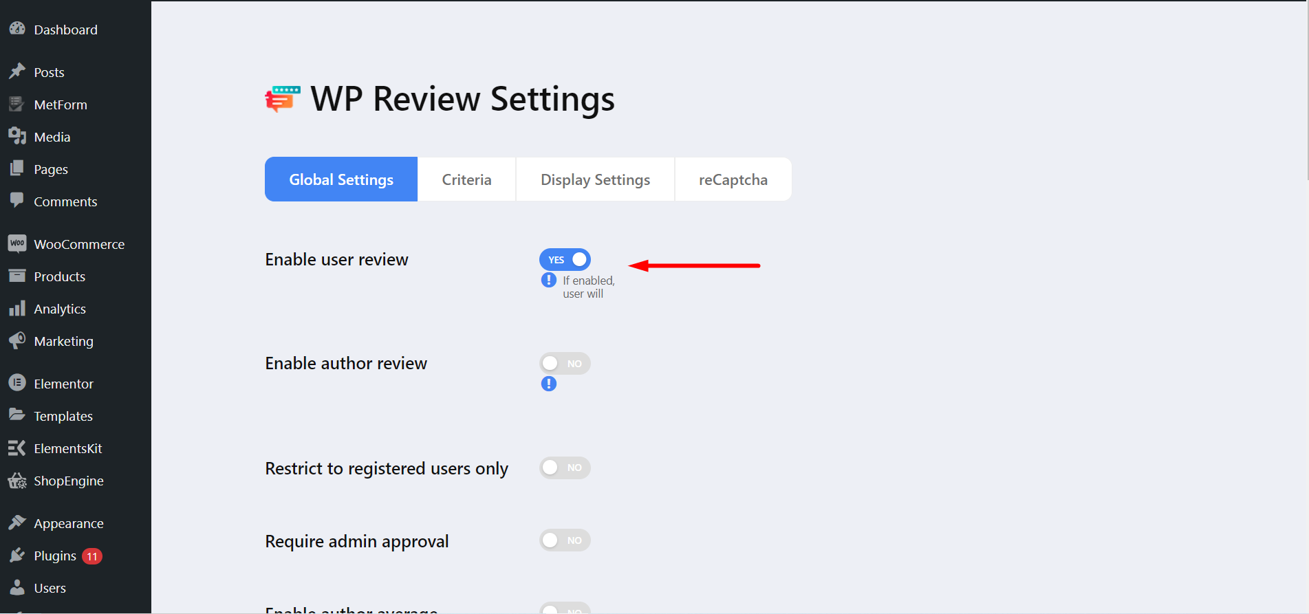 ultimate review global settings- enabling user review