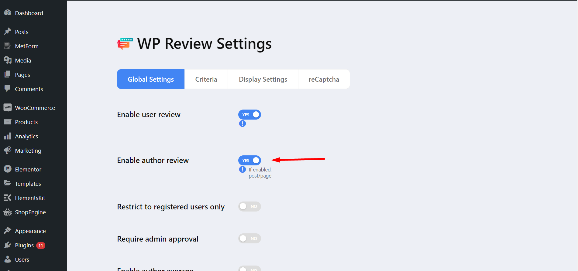 ultimate review global settings- enabling author review