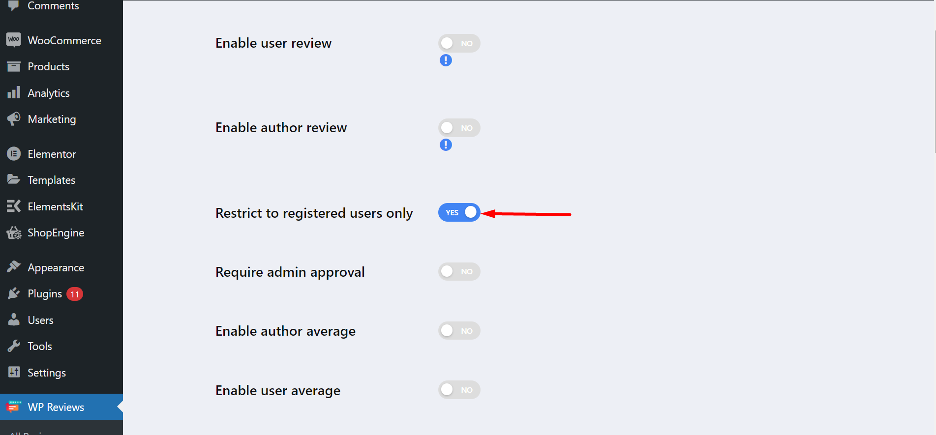 ultimate review global settings- function of restrict to registered users only