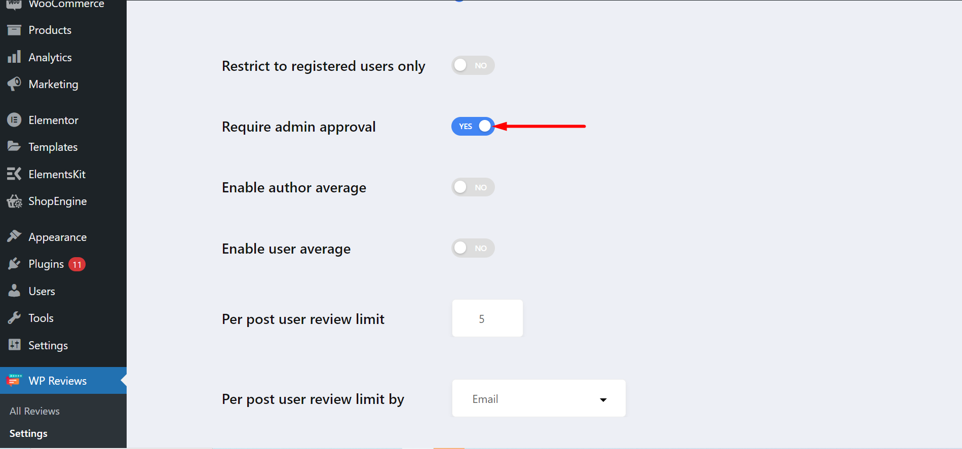 ultimate review global settings- function of require admin approval