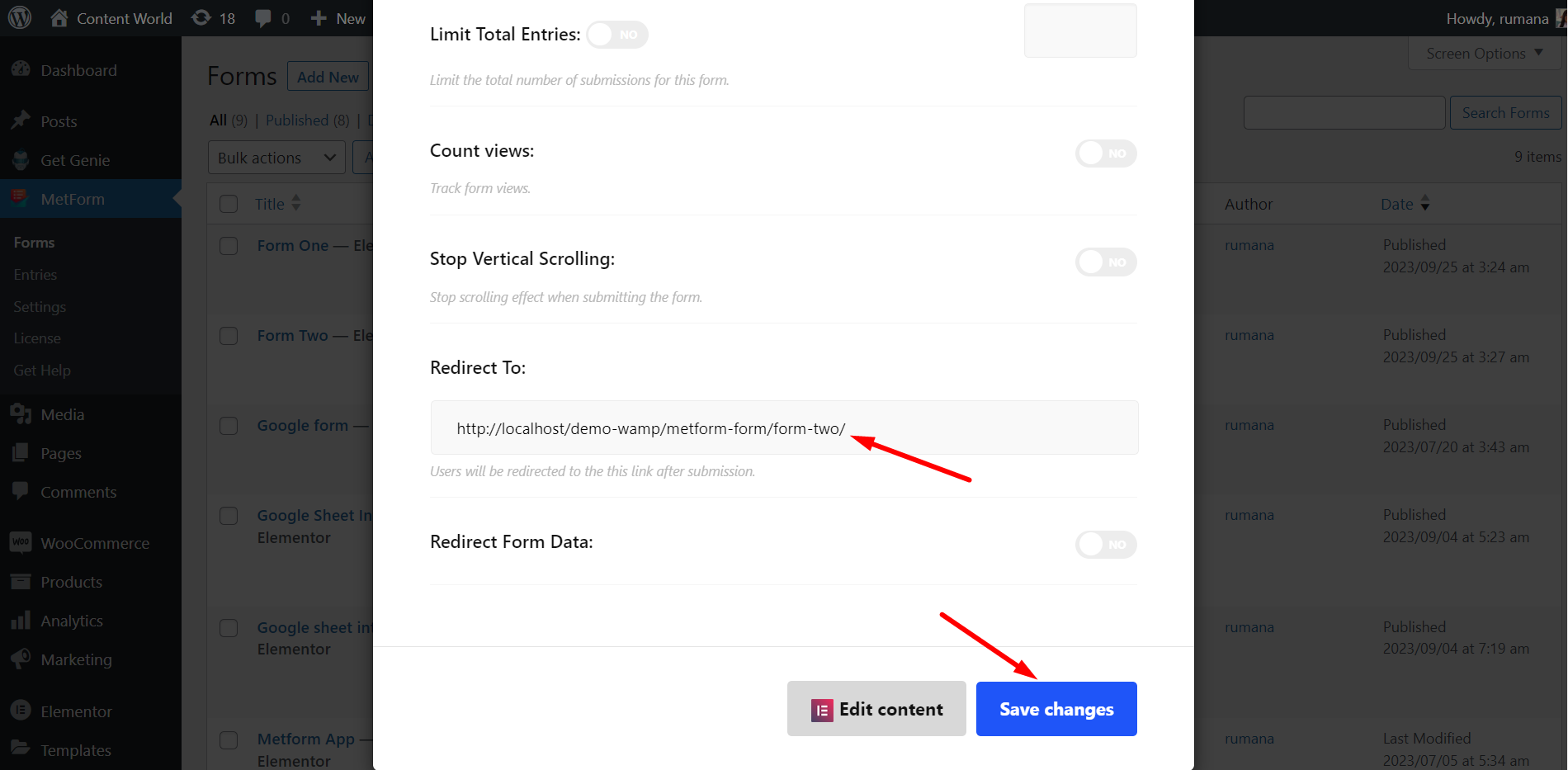 Redirect link to pass data to another form