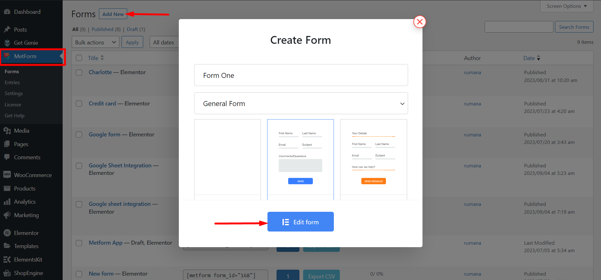 Creating new forms with MetForm