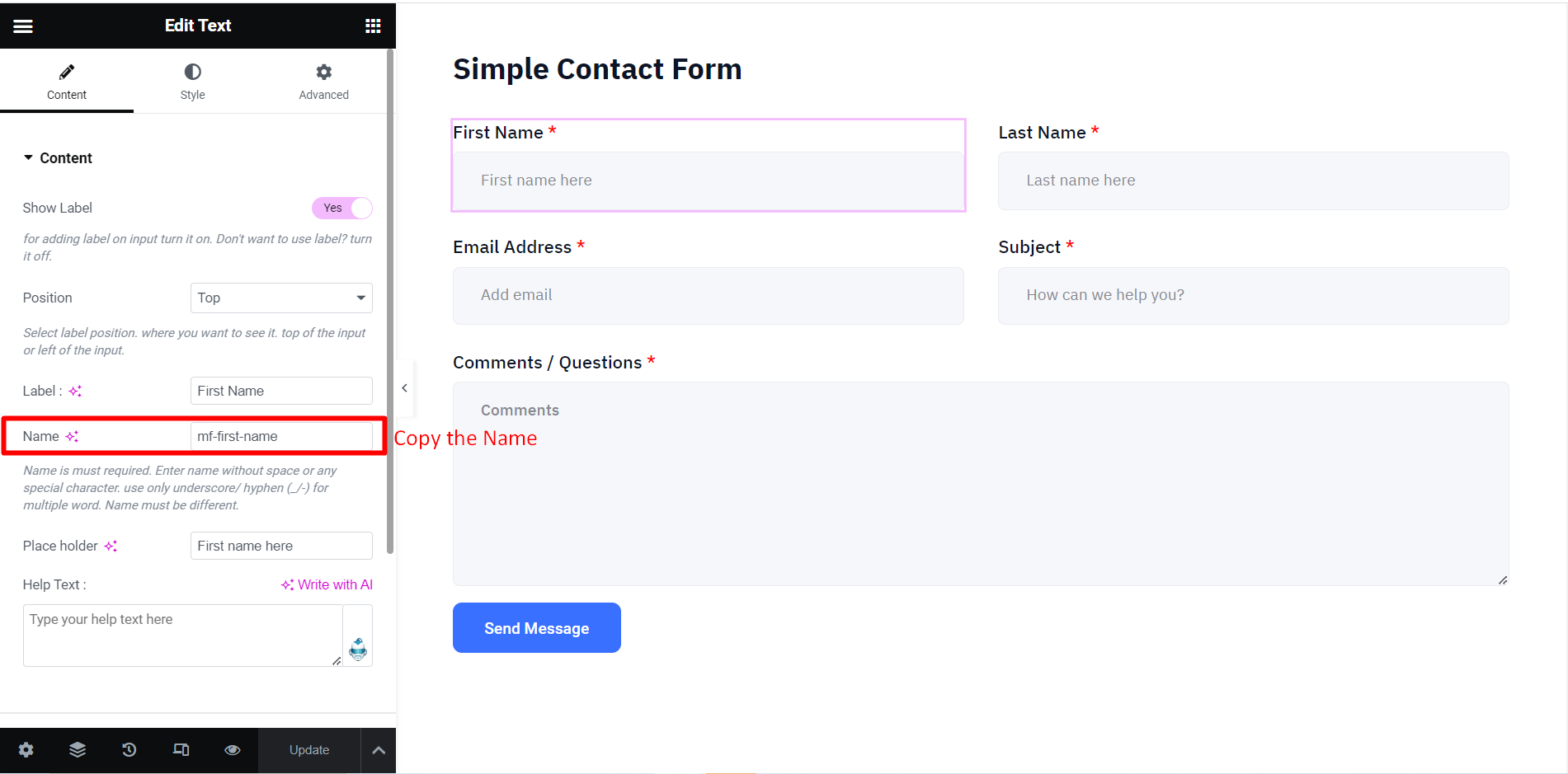 Copy the Name to pass data from one to another form