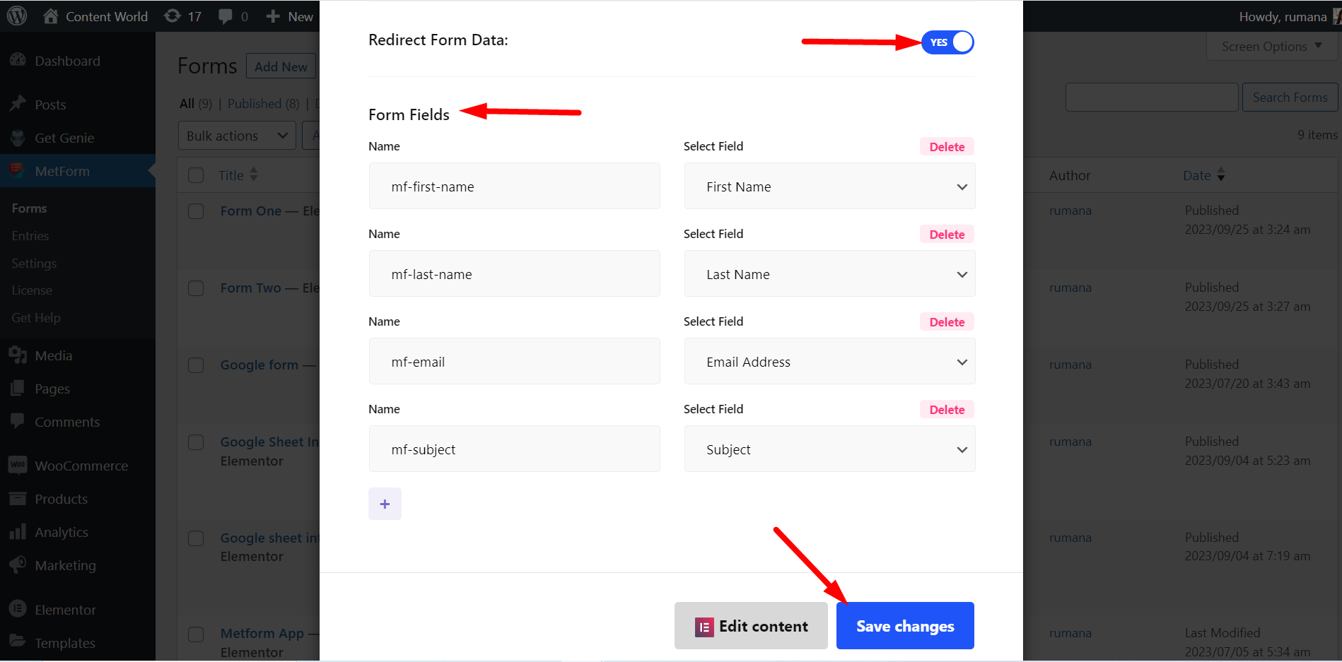 Włącz przycisk przekierowania danych formularza, aby dodać pola umożliwiające przekazywanie danych z jednego formularza do drugiego