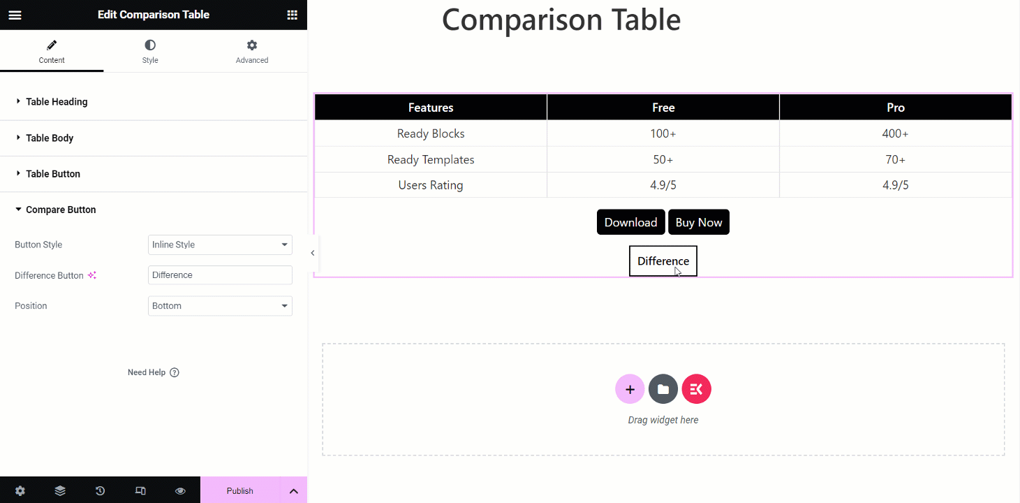 Choose compare button style, text and position