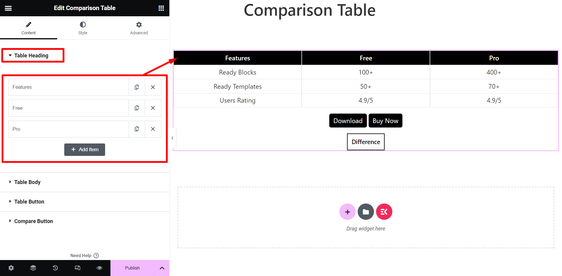 Imposta l'intestazione della tabella con la tabella comparativa Elementskit 