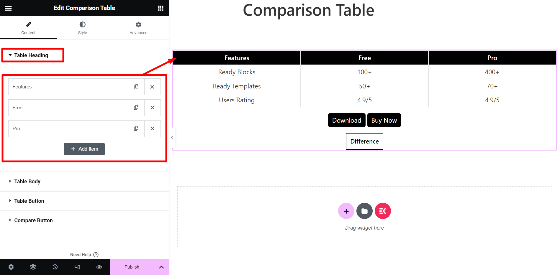 Set table heading with Elementskit comparison table 