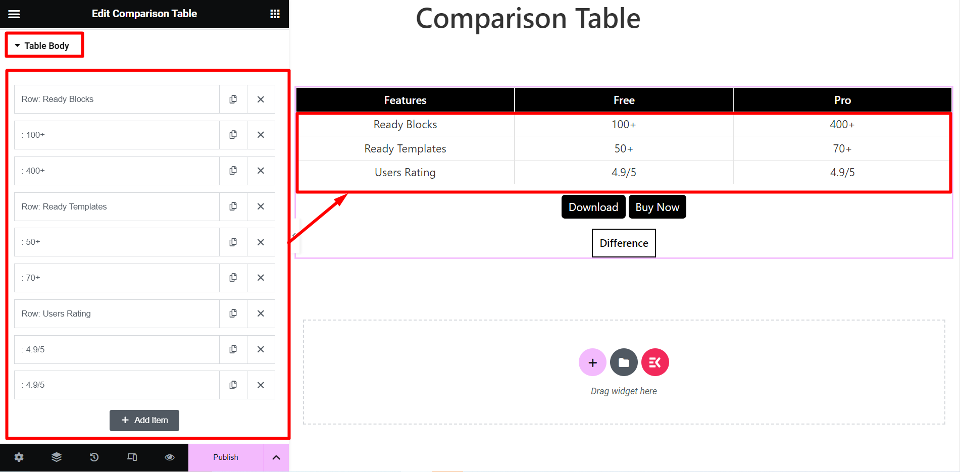 Elementskit 비교 테이블을 사용하여 테이블 본문 설정 