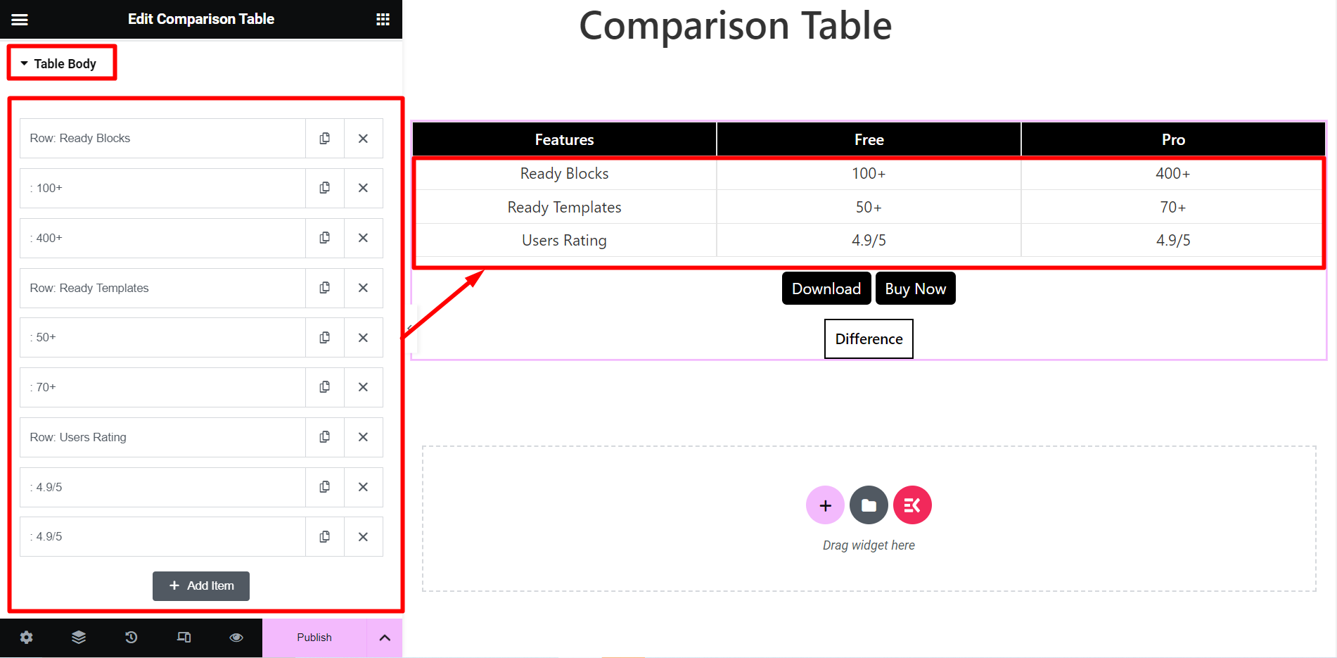 Définir le corps du tableau avec le tableau de comparaison Elementskit 