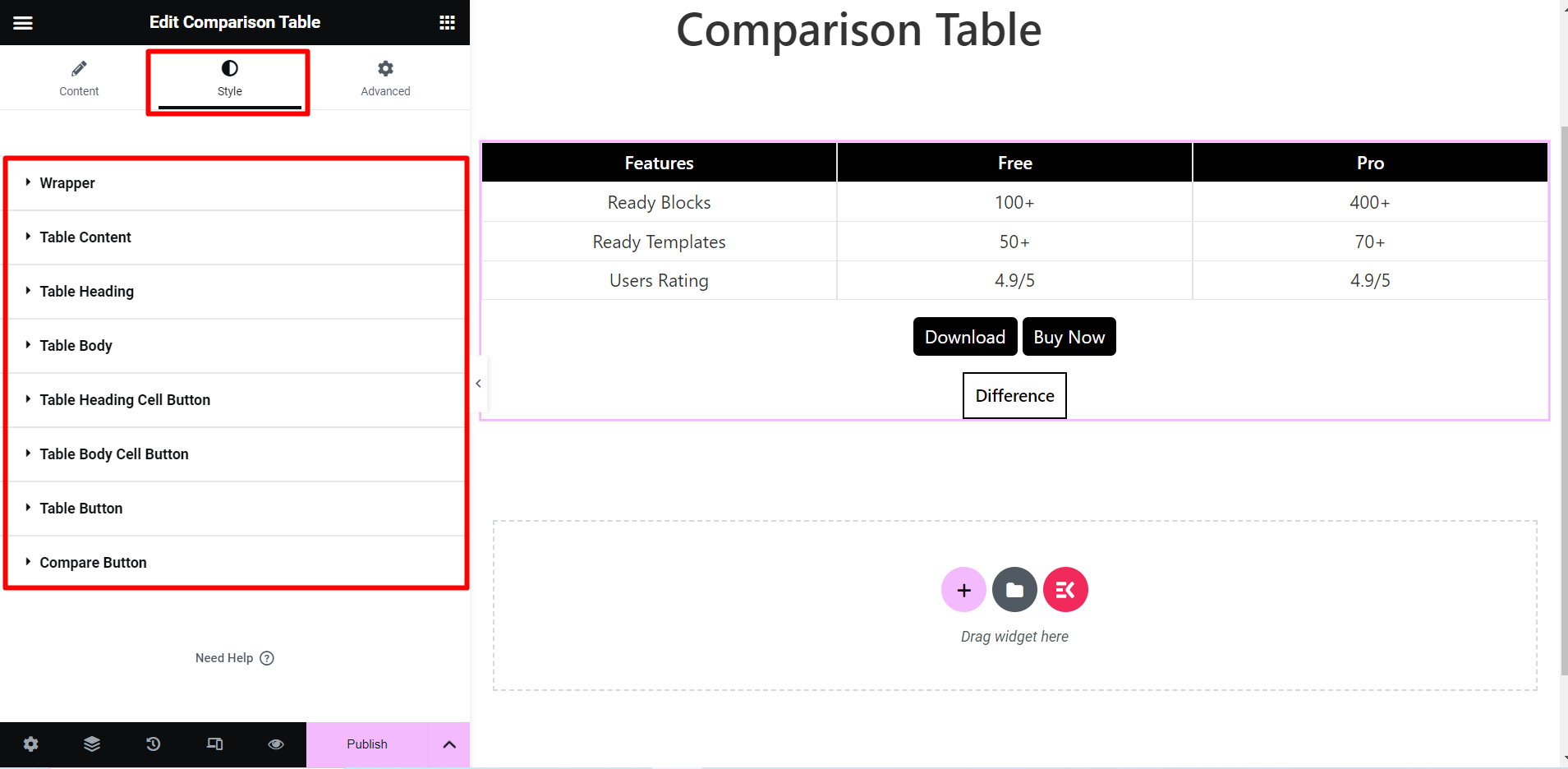 EleemntsKit의 다양한 스타일 옵션을 사용하여 비교 테이블 스타일을 지정하세요.