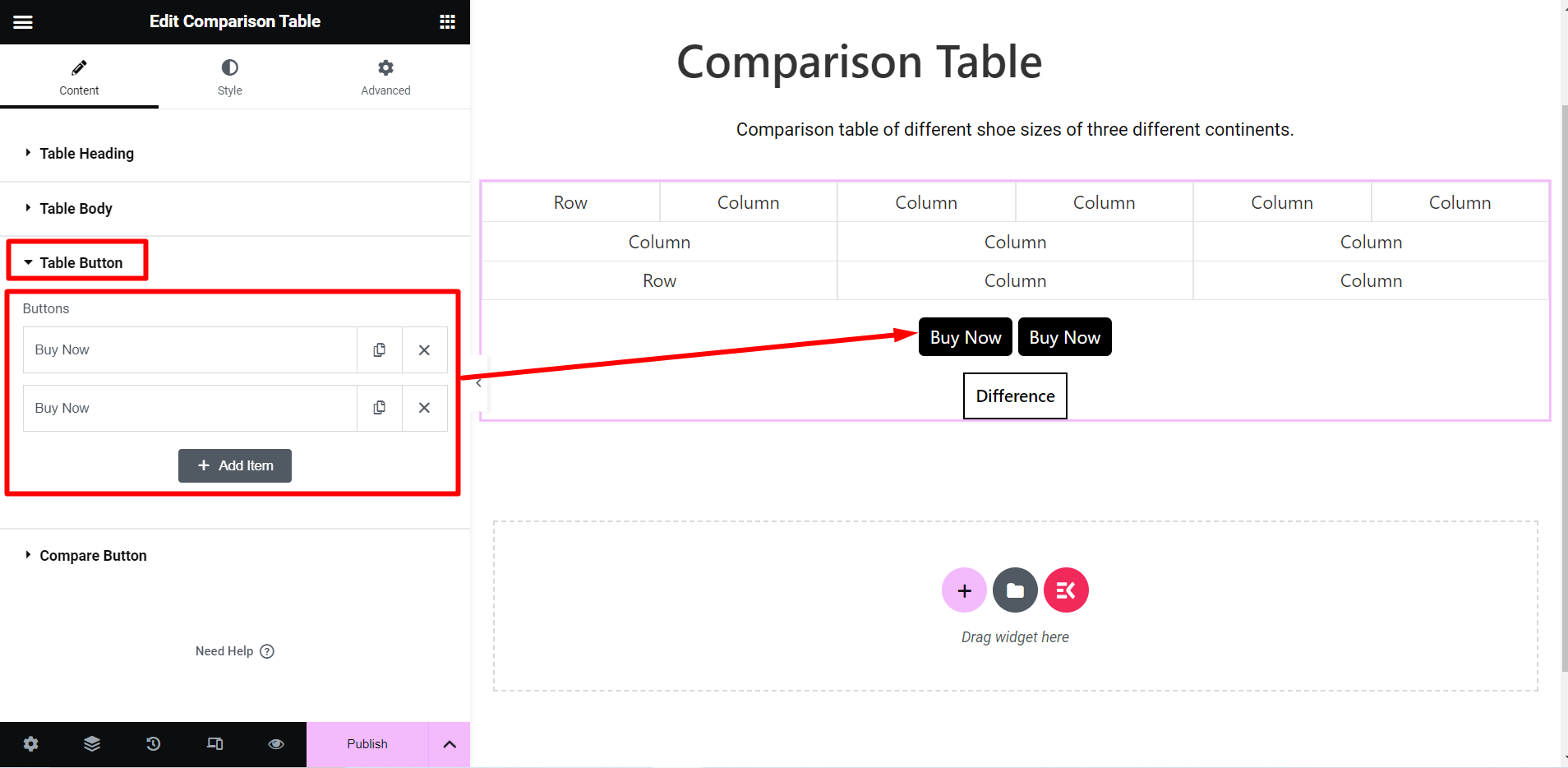 Bouton Définir le tableau de comparaison